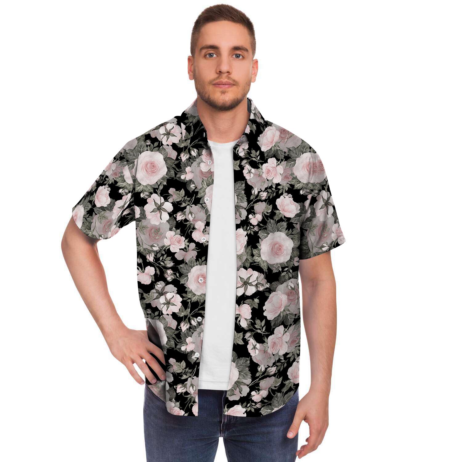 Pink Rose Floral Pattern Print Men Print Short Sleeve Button-Up Shirts