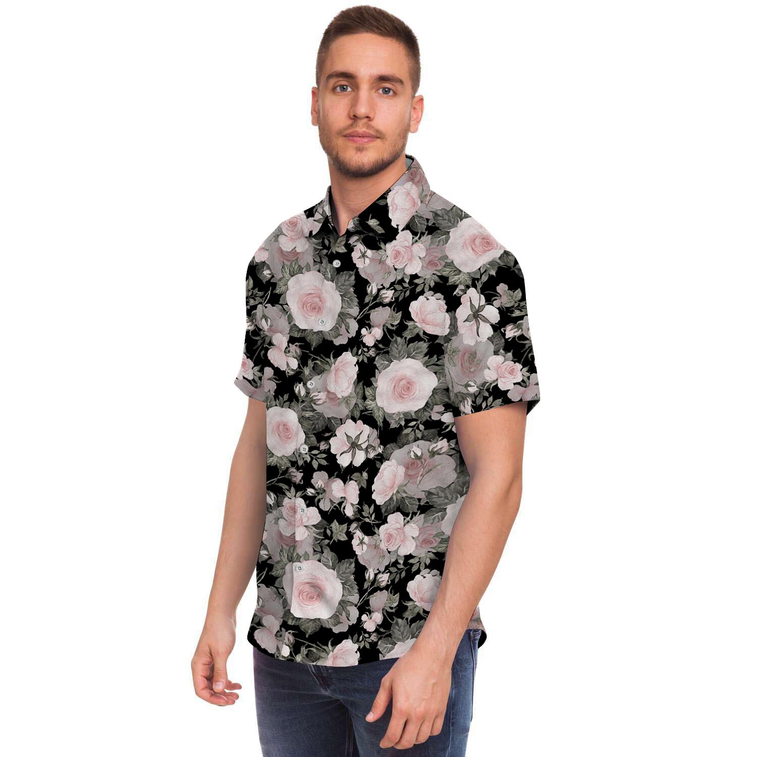Pink Rose Floral Pattern Print Men Print Short Sleeve Button-Up Shirts