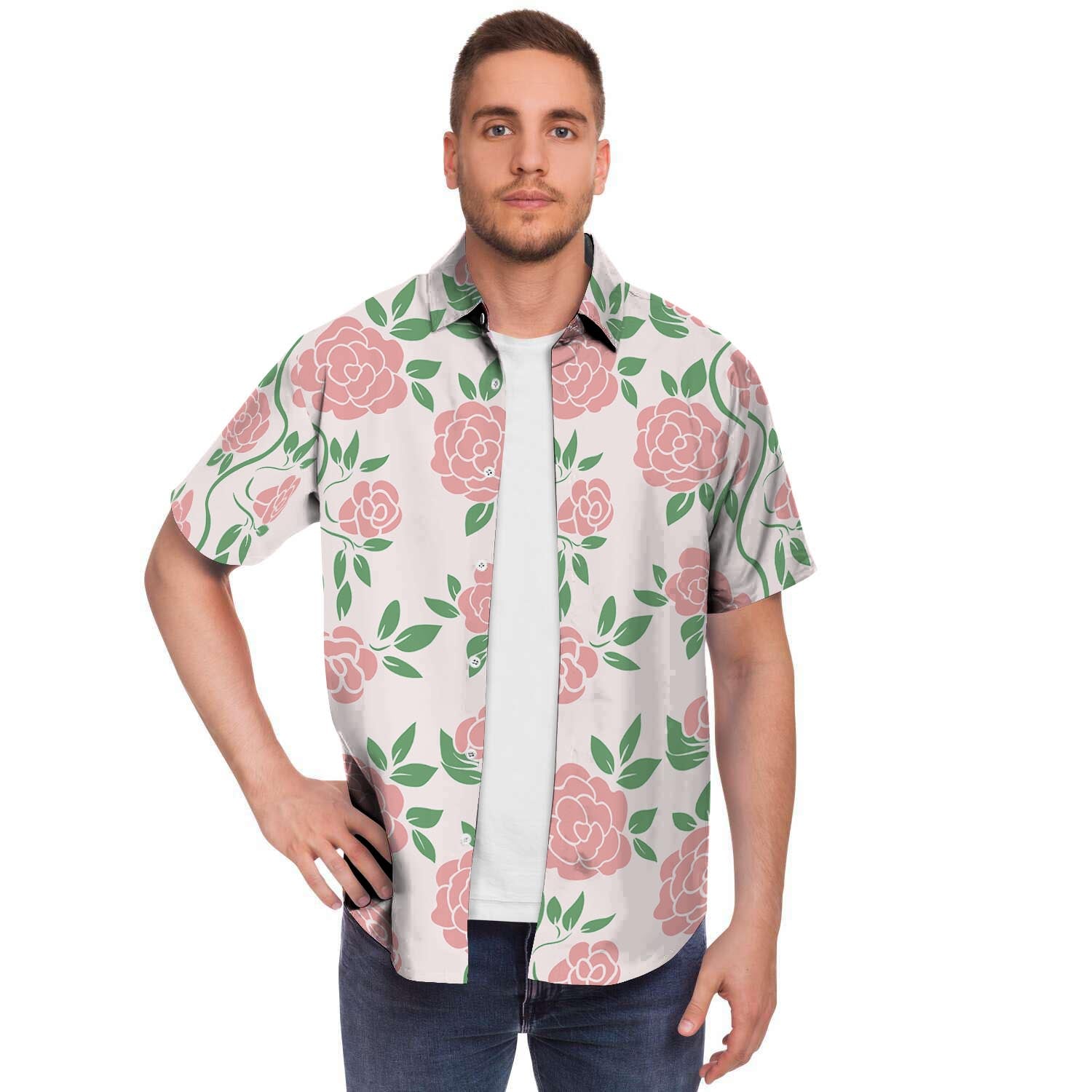 Pink Rose Flower Men Print Short Sleeve Button-Up Shirts