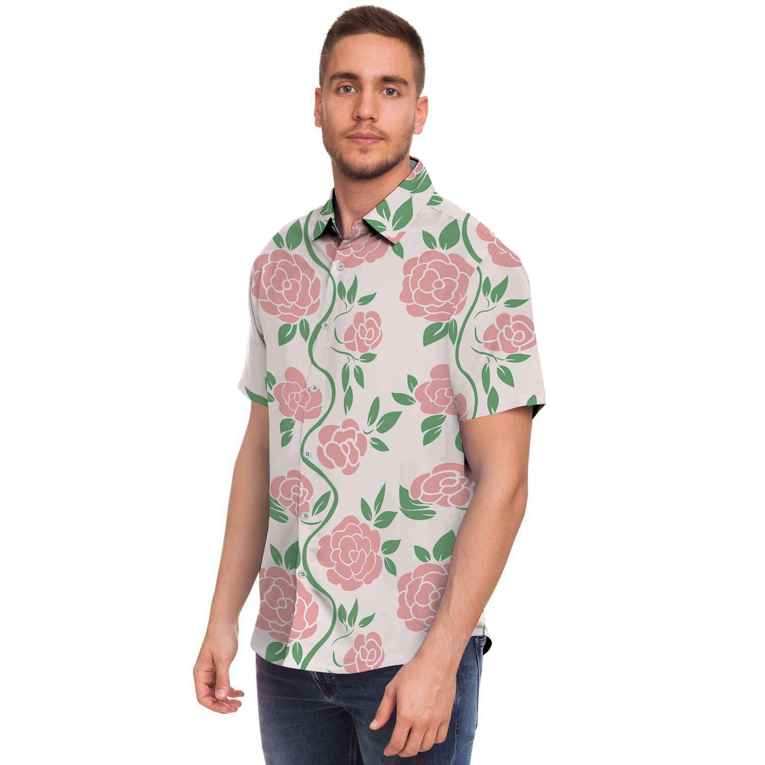 Pink Rose Flower Men Print Short Sleeve Button-Up Shirts
