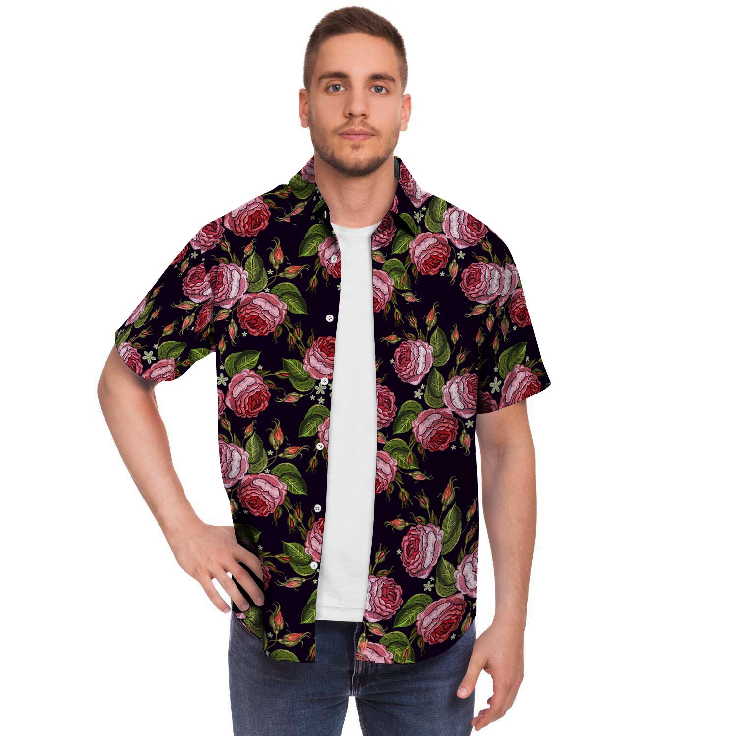 Pink Rose Print Men Print Short Sleeve Button-Up Shirts