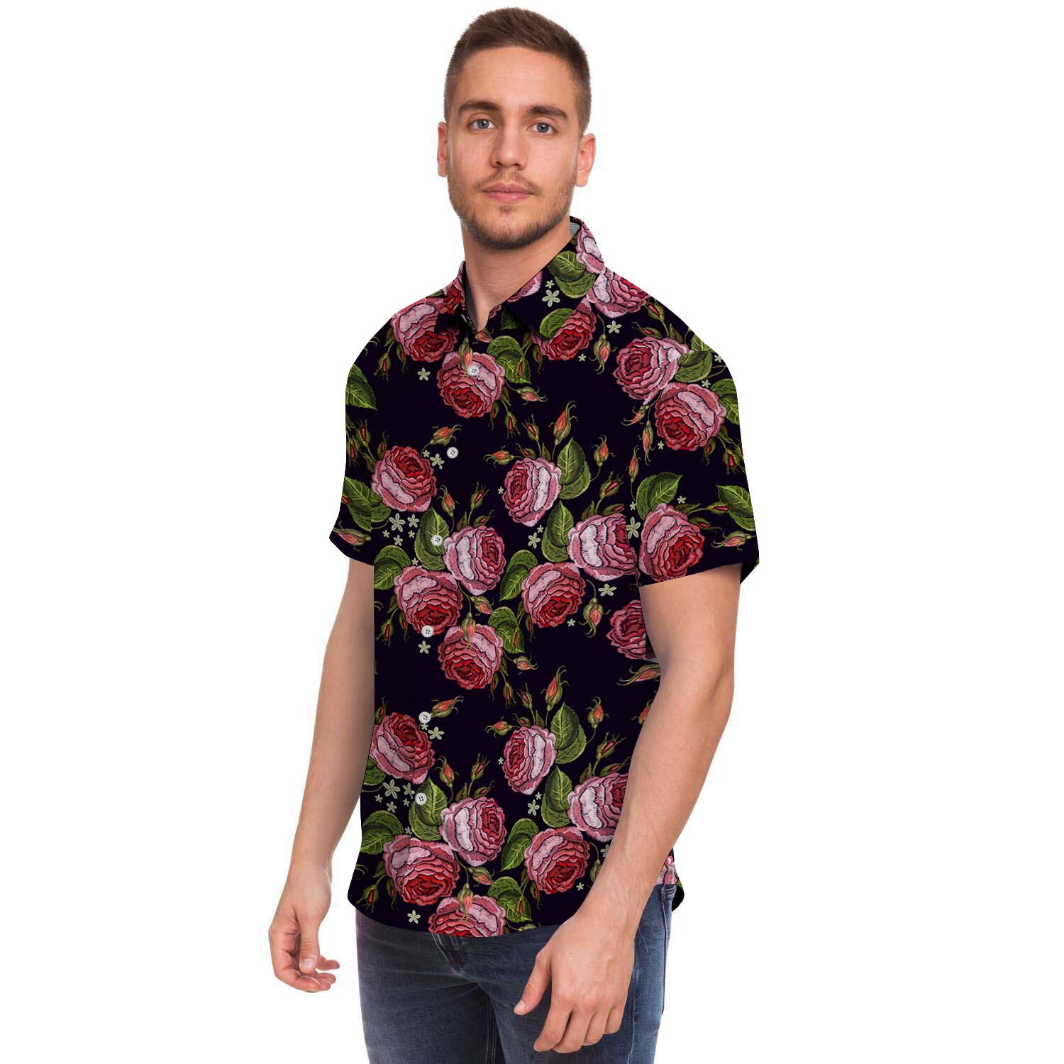 Pink Rose Print Men Print Short Sleeve Button-Up Shirts