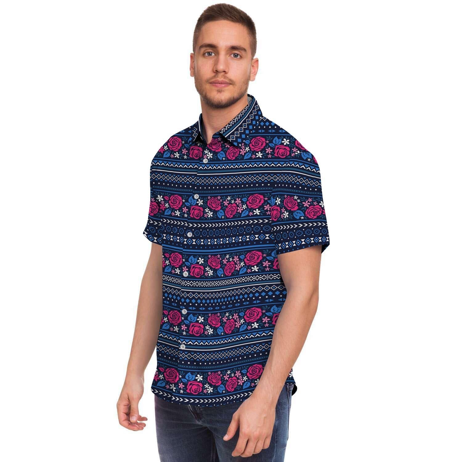 Pink Rose Tribal Aztec Men Print Short Sleeve Button-Up Shirts