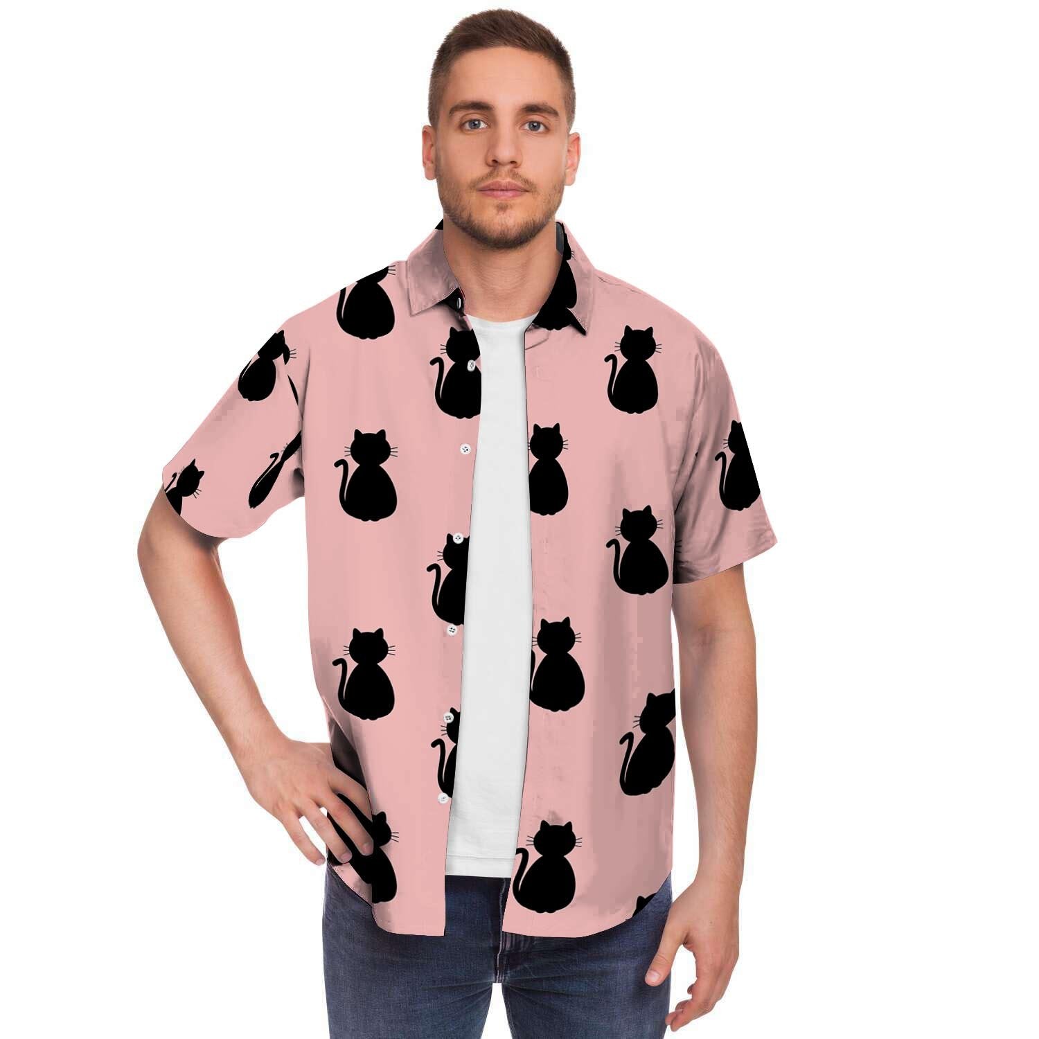 Pink Silhouette Cat Print Men Print Short Sleeve Button-Up Shirts
