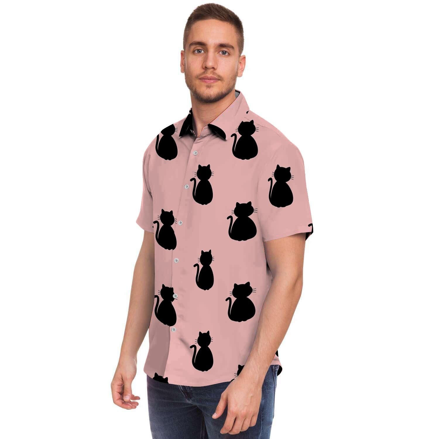 Pink Silhouette Cat Print Men Print Short Sleeve Button-Up Shirts