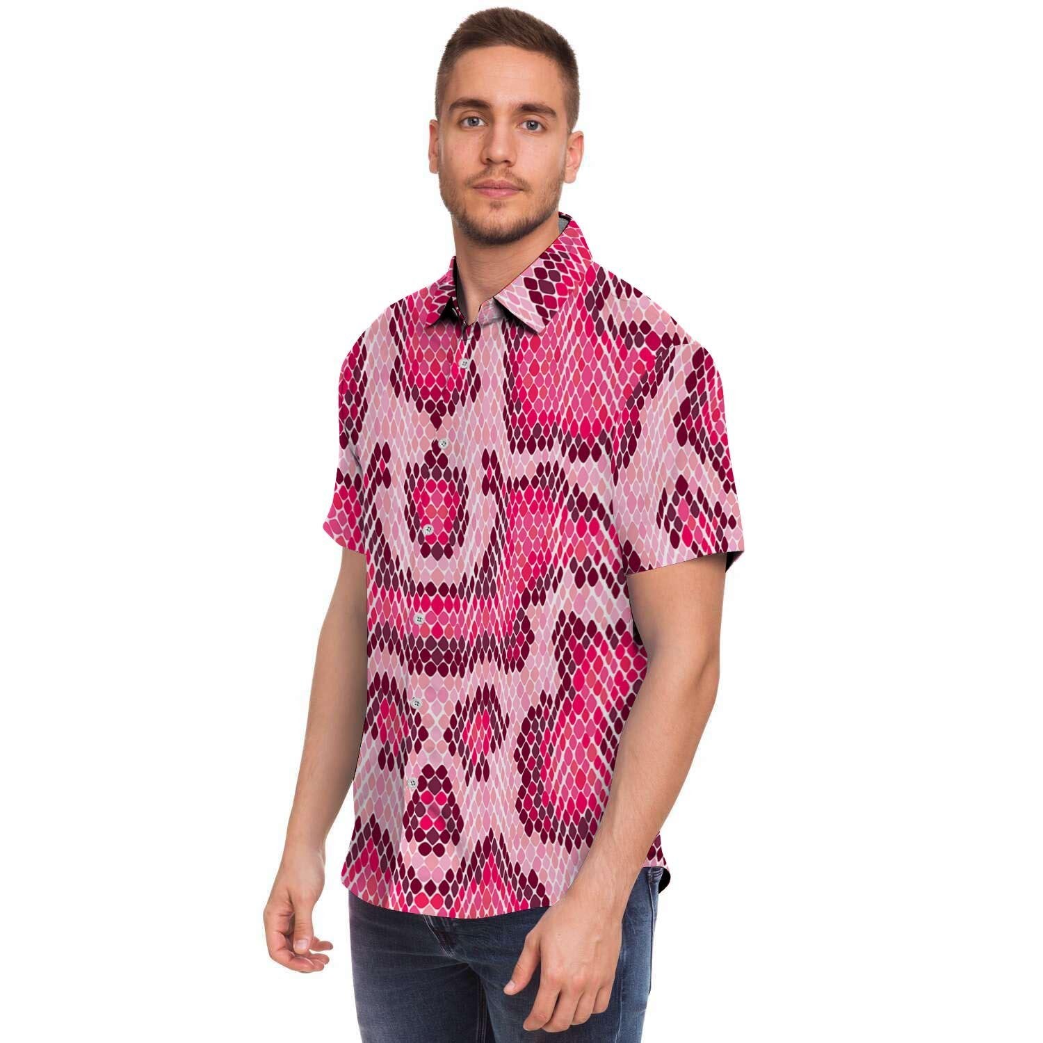 Pink Snakeskin Print Men Print Short Sleeve Button-Up Shirts