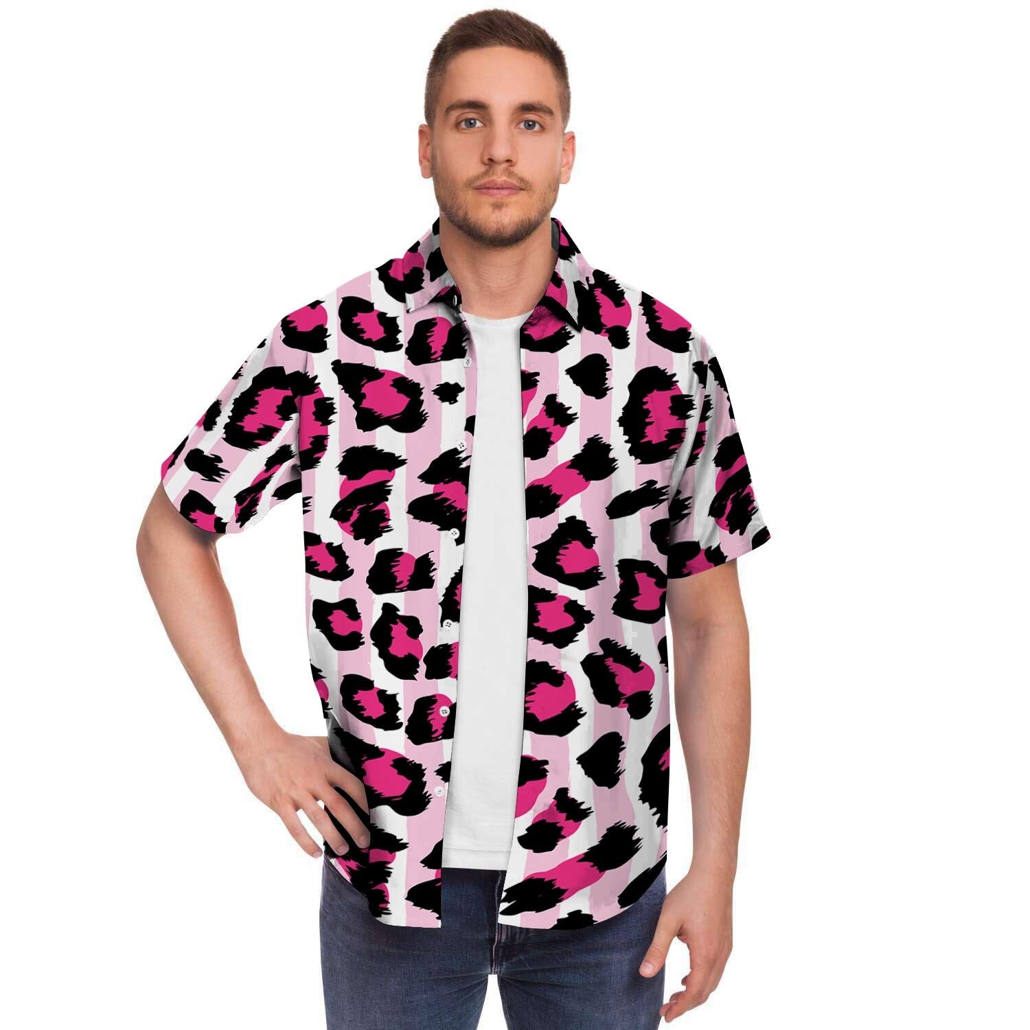 Pink Striped Leopard Men Print Short Sleeve Button-Up Shirts