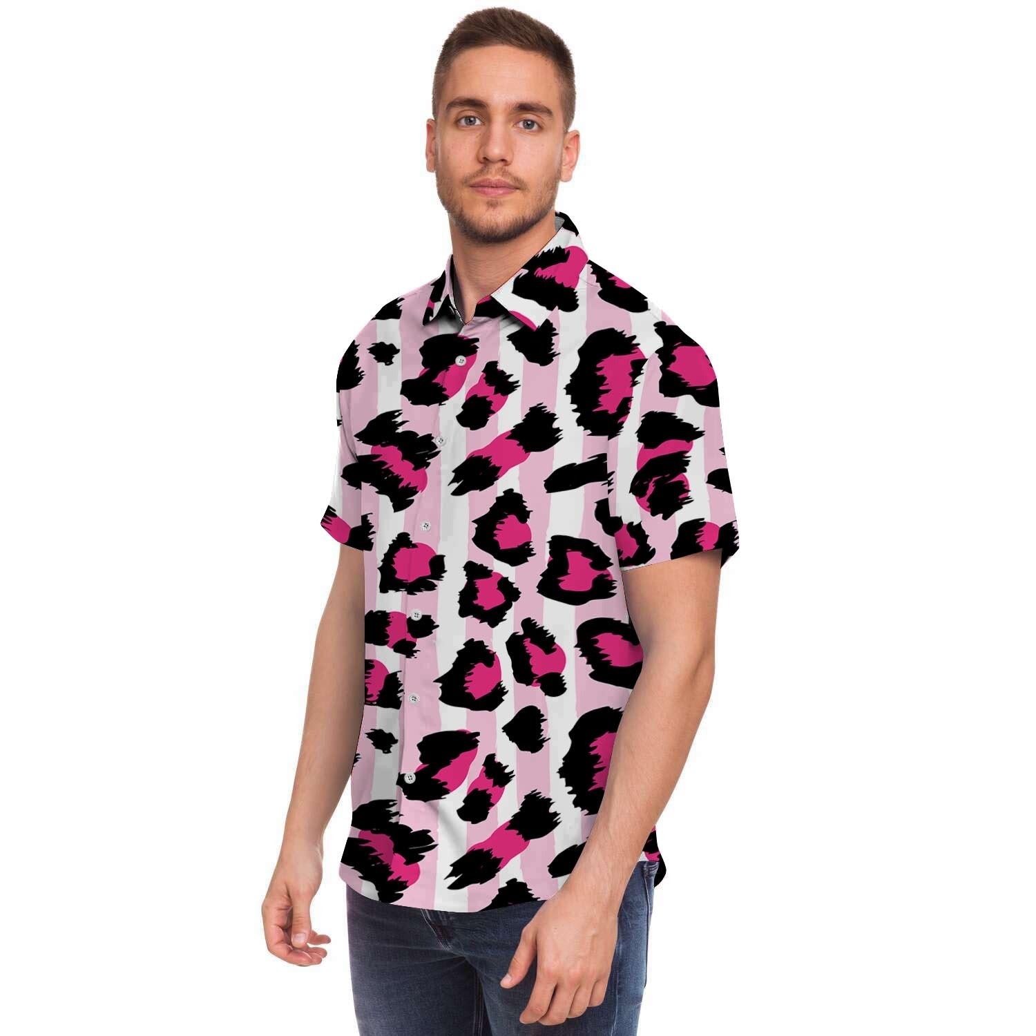 Pink Striped Leopard Men Print Short Sleeve Button-Up Shirts