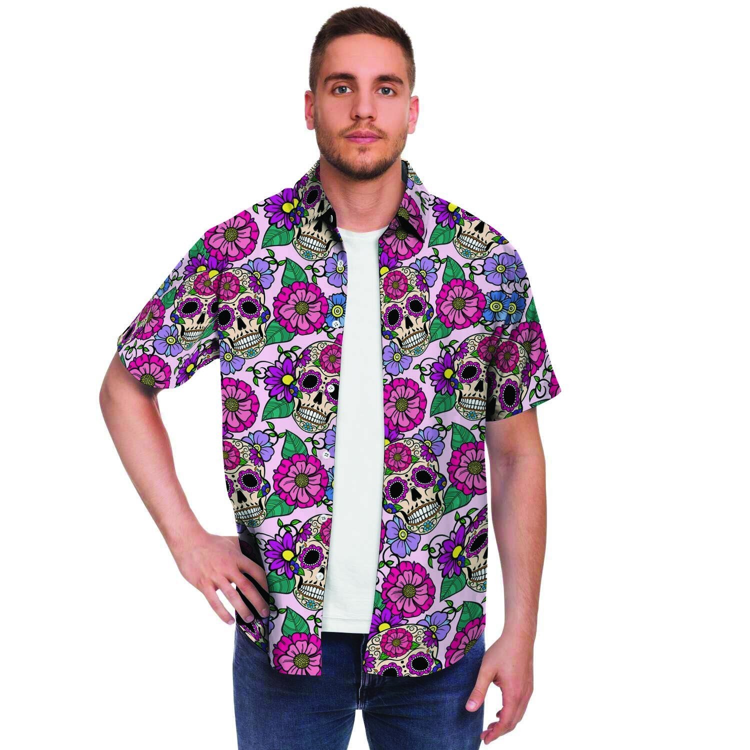 Pink Sugar Skull Floral Men Print Short Sleeve Button-Up Shirts
