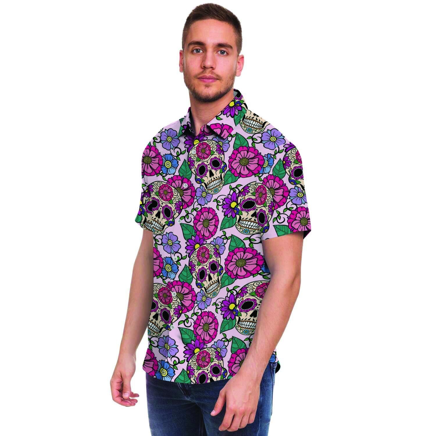 Pink Sugar Skull Floral Men Print Short Sleeve Button-Up Shirts