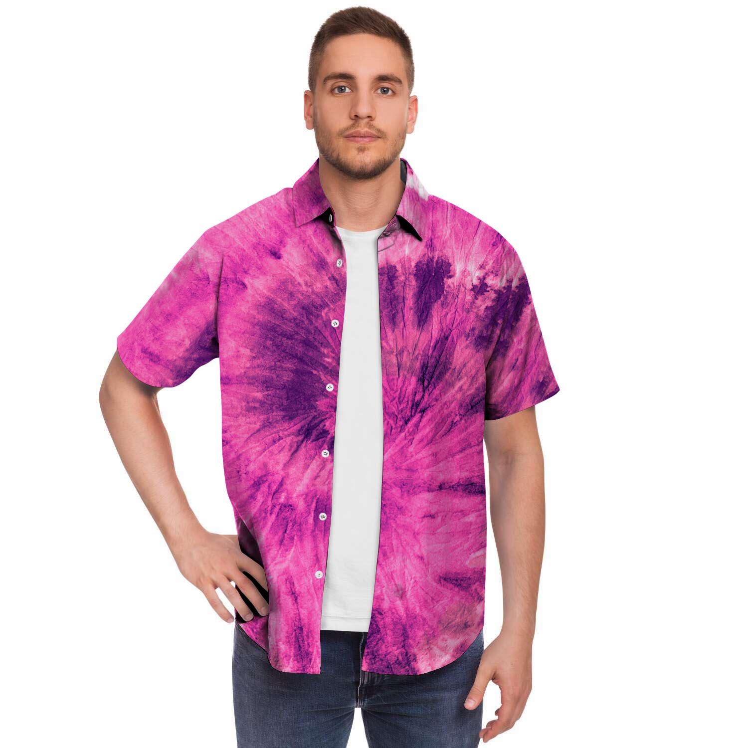 Pink Tie Dye Men Print Short Sleeve Button-Up Shirts