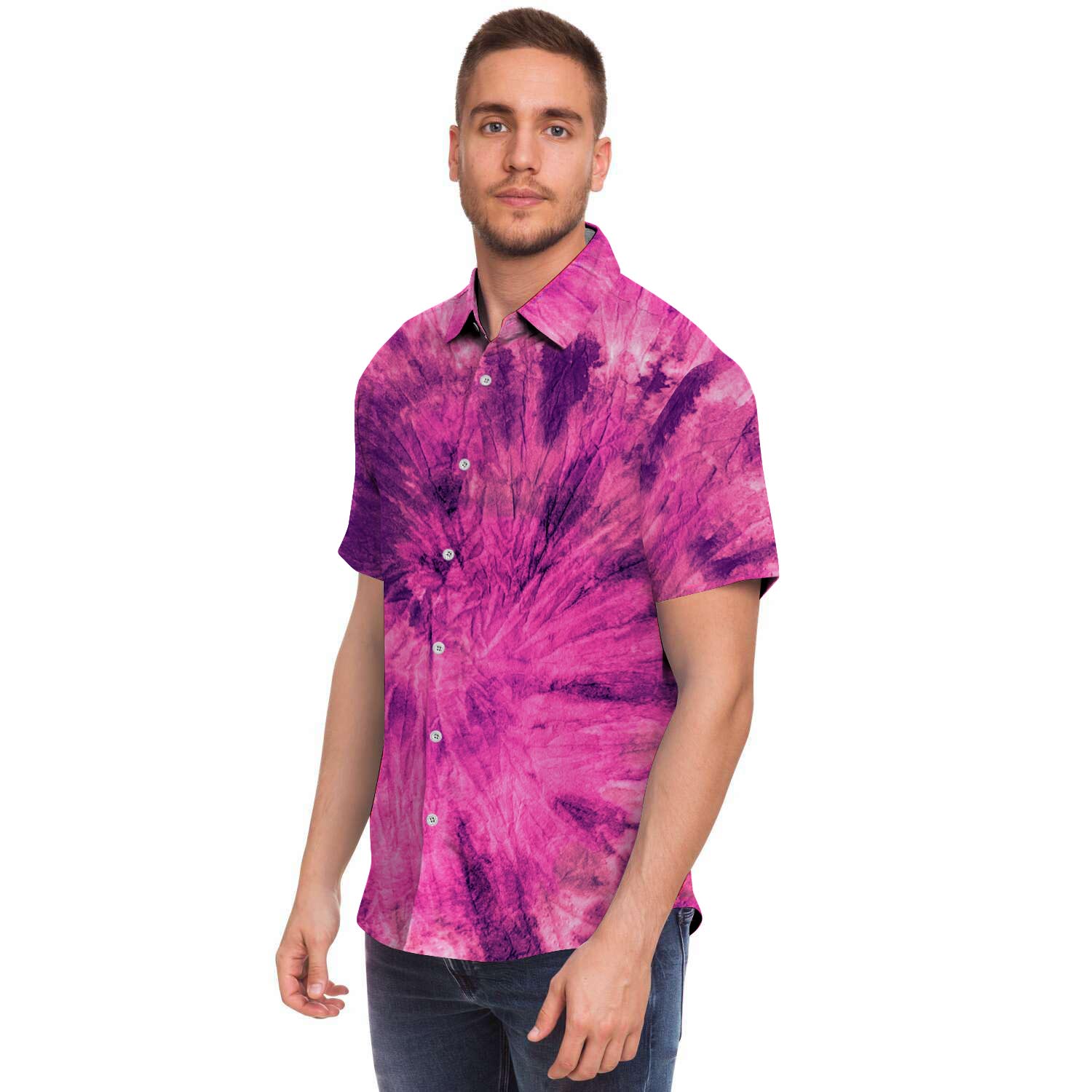 Pink Tie Dye Men Print Short Sleeve Button-Up Shirts