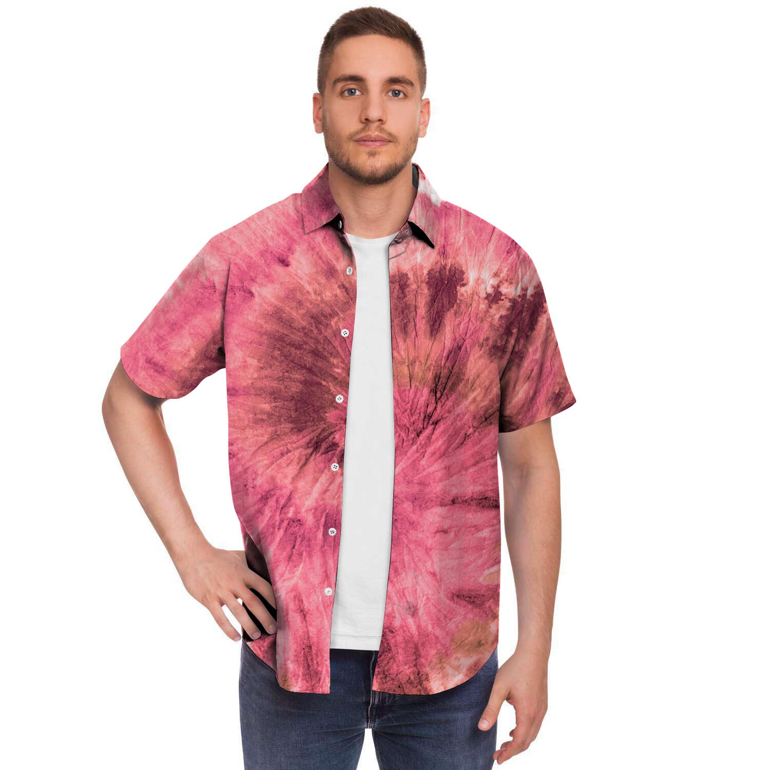 Pink Tie Dye Print Men Print Short Sleeve Button-Up Shirts