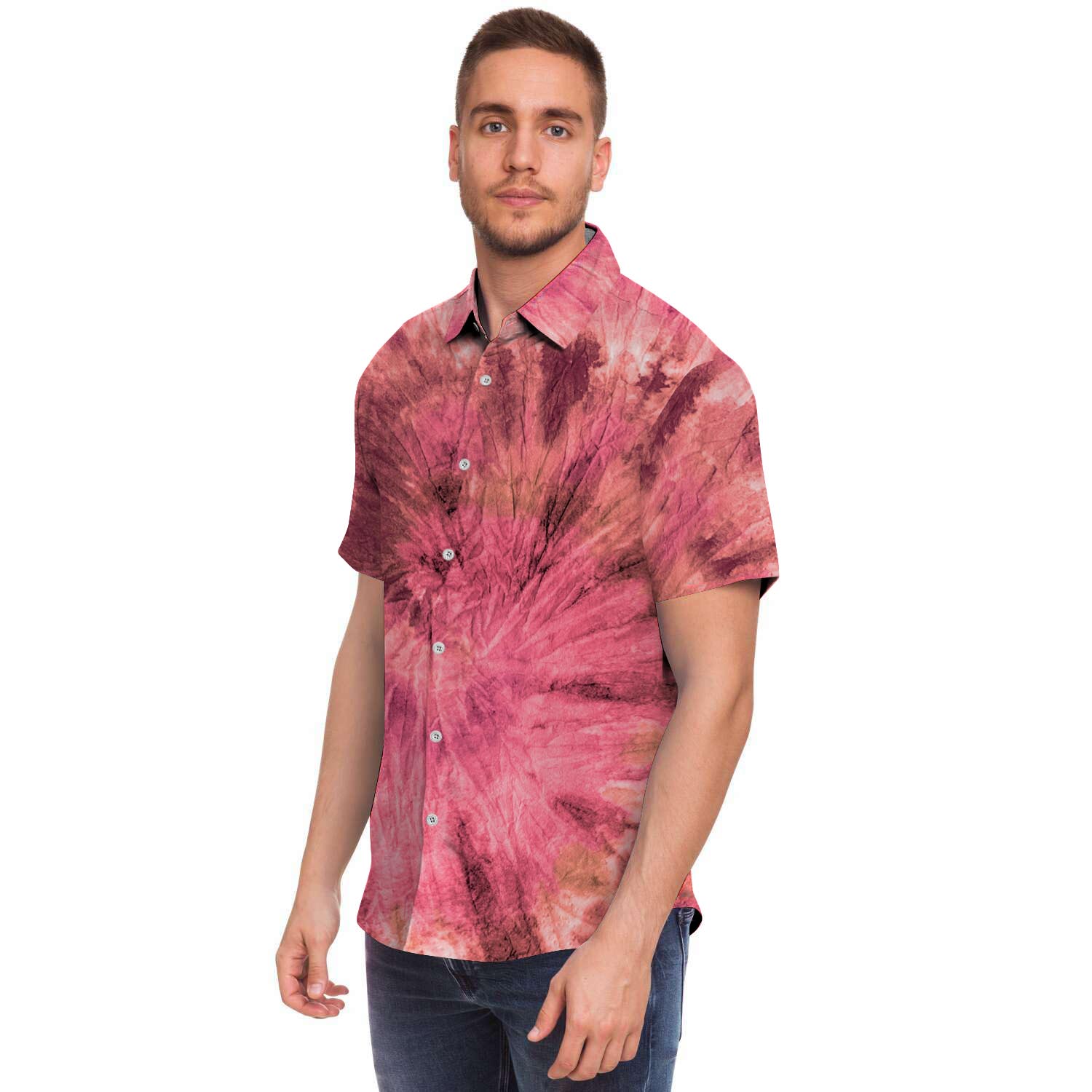 Pink Tie Dye Print Men Print Short Sleeve Button-Up Shirts
