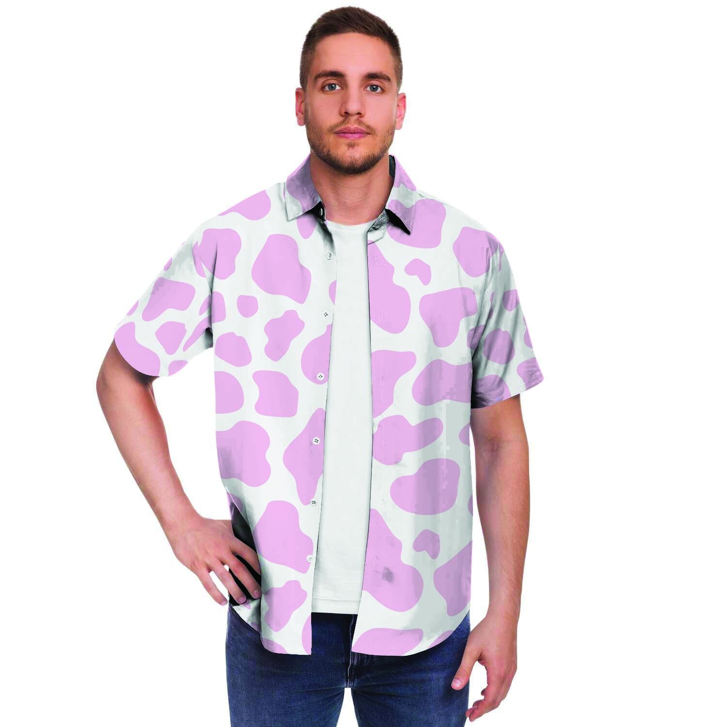 Pink White Cow Print Men Print Short Sleeve Button-Up Shirts
