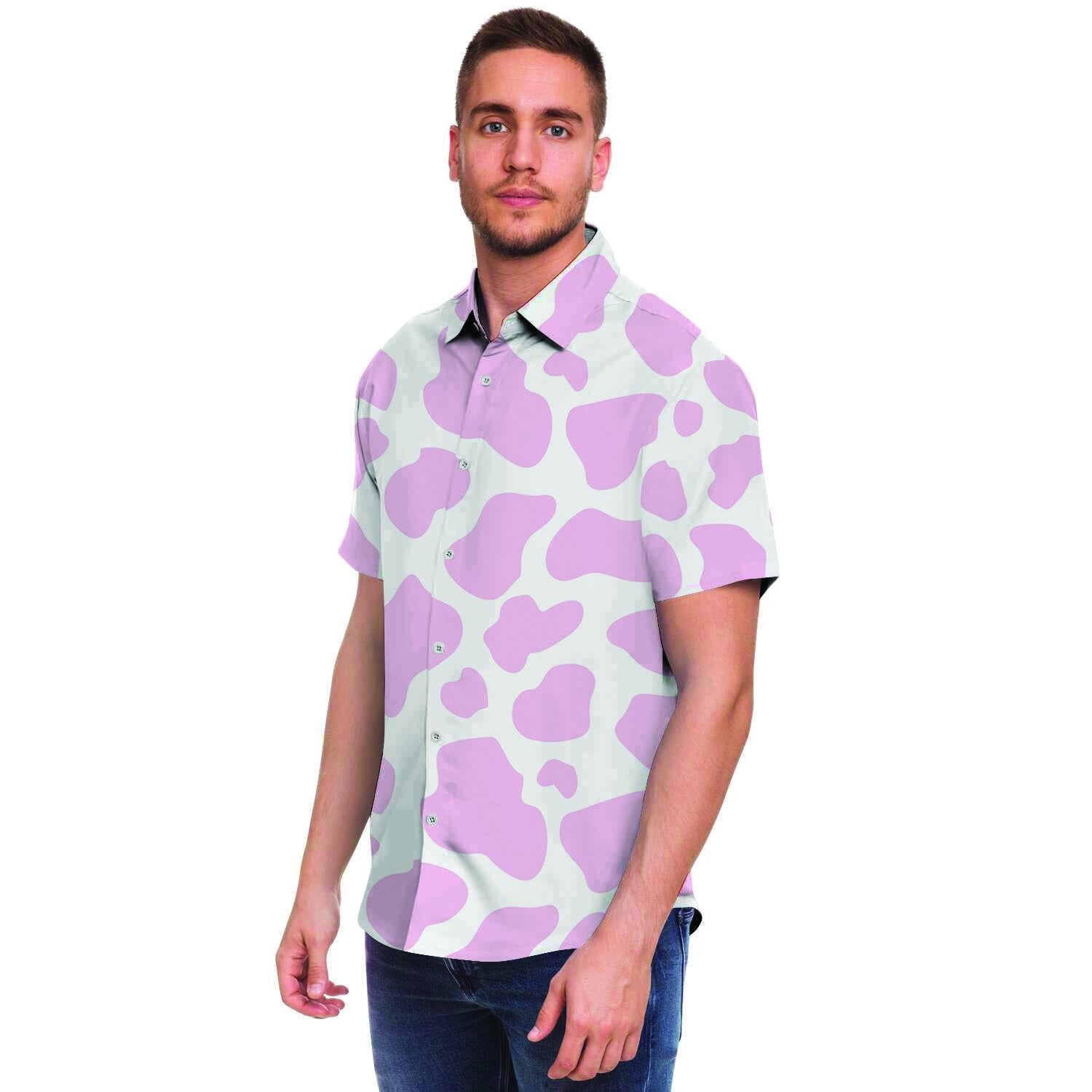 Pink White Cow Print Men Print Short Sleeve Button-Up Shirts