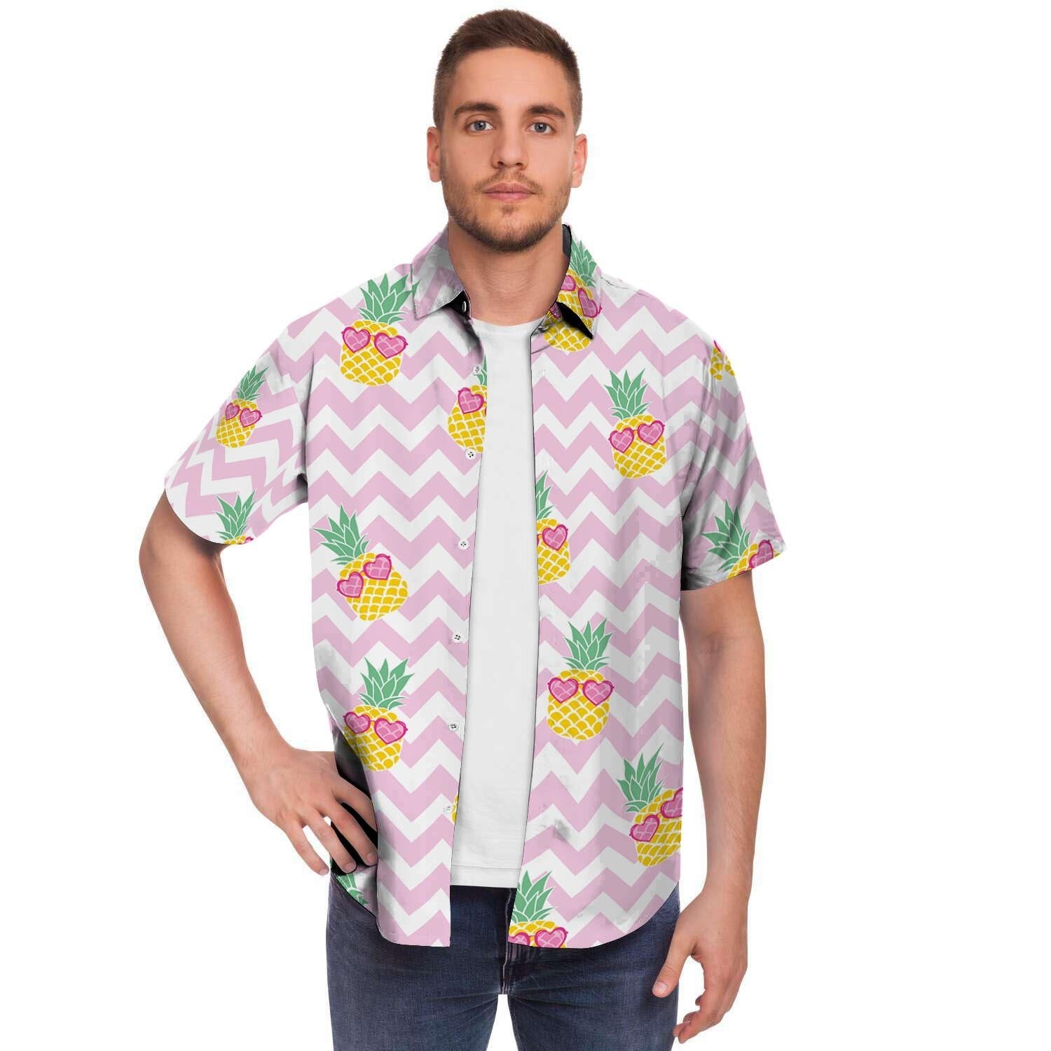 Pink Zig Zag Pineapple Print Men Print Short Sleeve Button-Up Shirts
