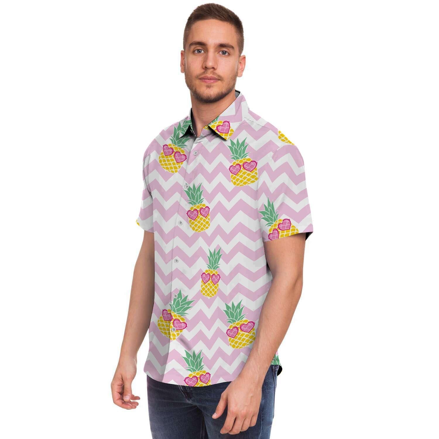 Pink Zig Zag Pineapple Print Men Print Short Sleeve Button-Up Shirts