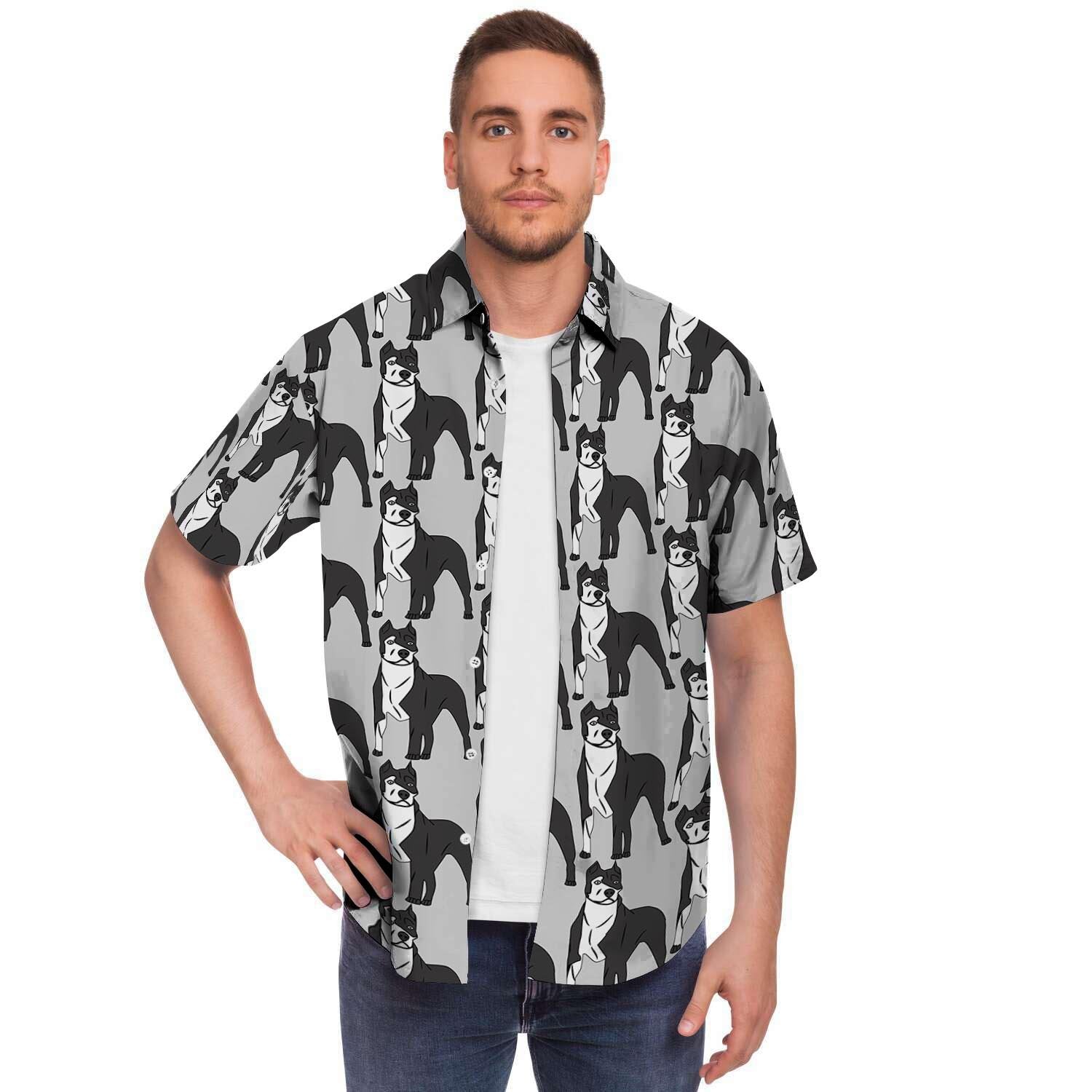 Pitbull Print Men Print Short Sleeve Button-Up Shirts