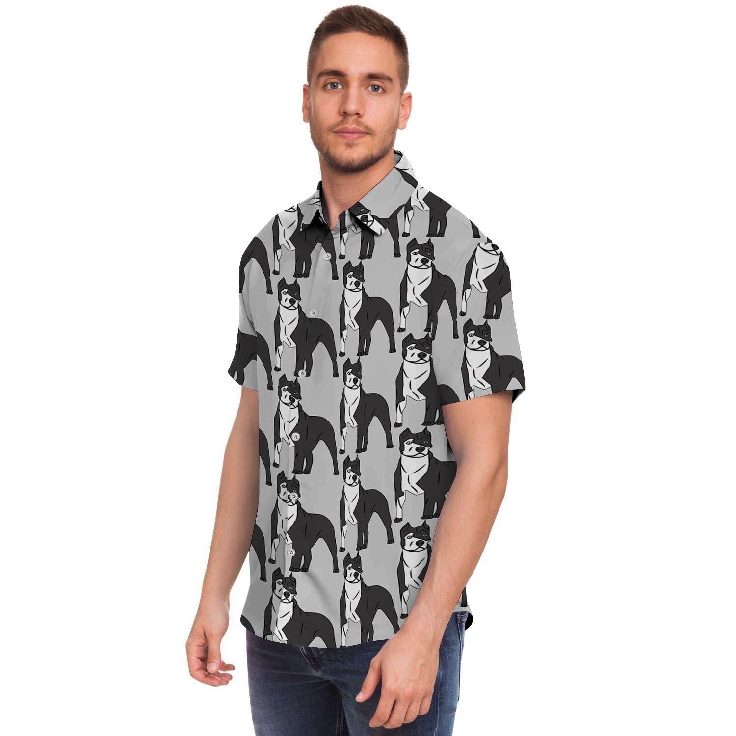 Pitbull Print Men Print Short Sleeve Button-Up Shirts