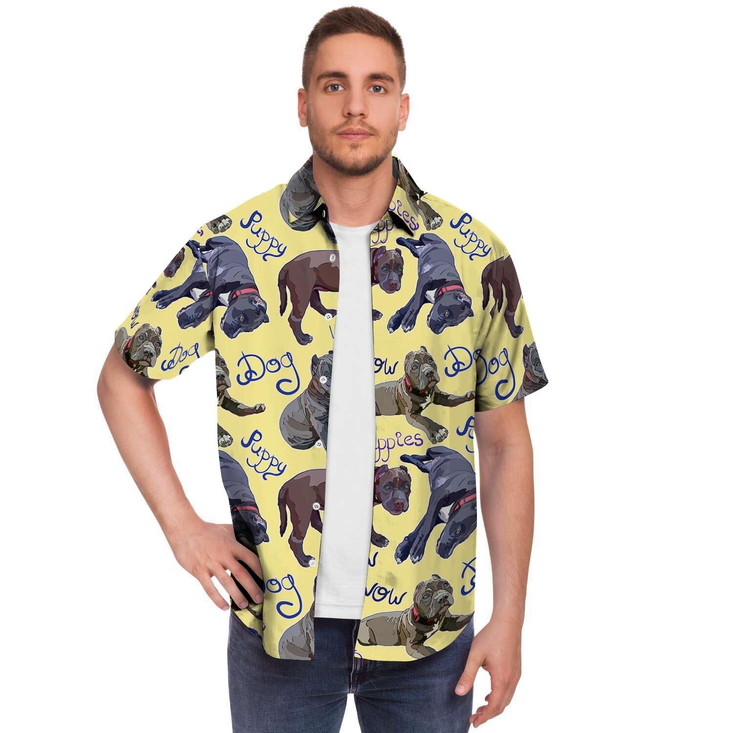 Pitbull Puppy Men Print Short Sleeve Button-Up Shirts