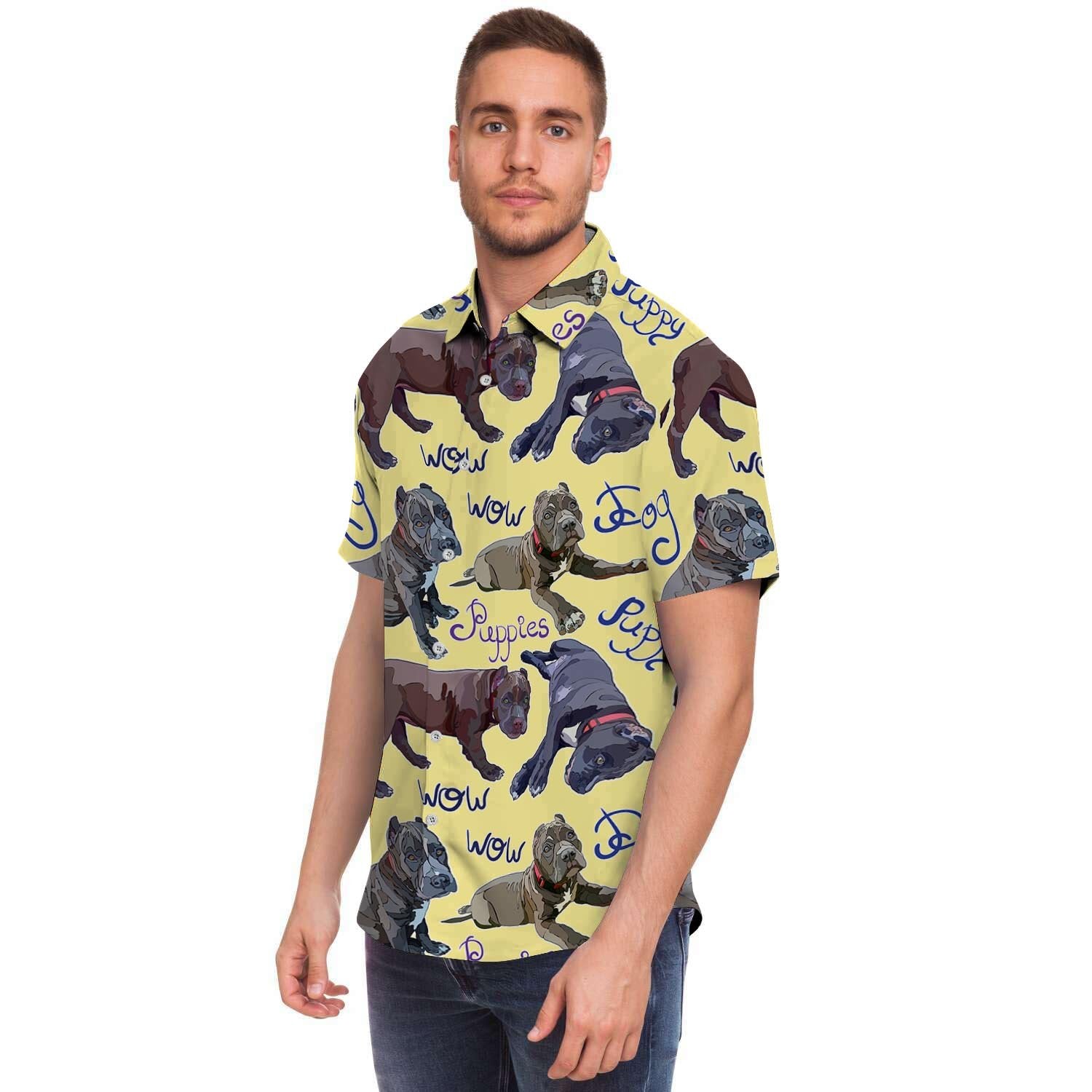 Pitbull Puppy Men Print Short Sleeve Button-Up Shirts