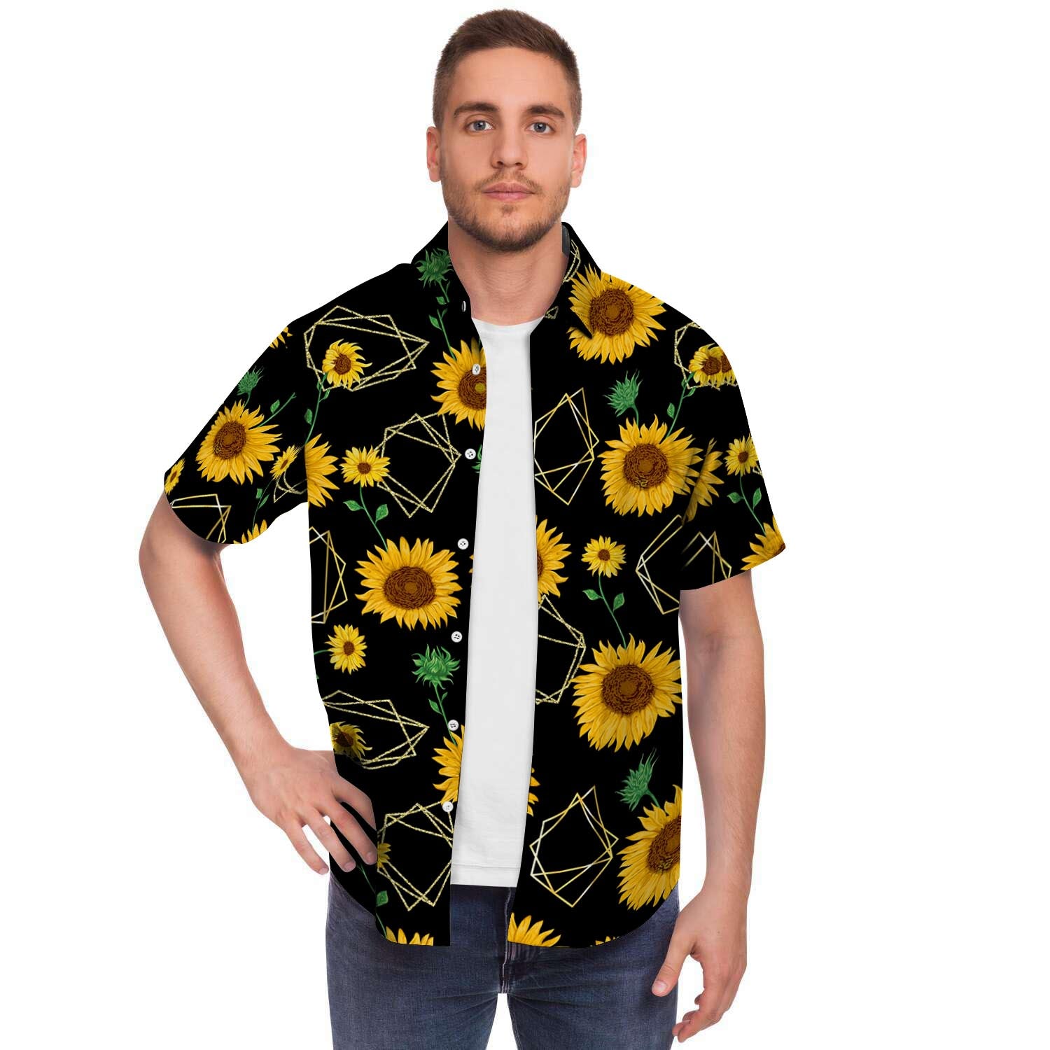 Polygonal Sunflower Men Print Short Sleeve Button-Up Shirts