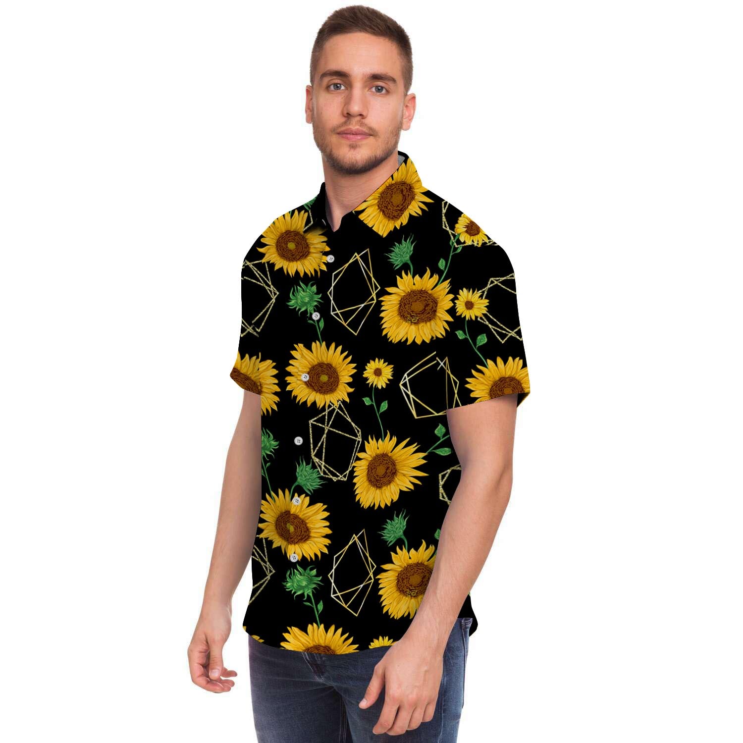 Polygonal Sunflower Men Print Short Sleeve Button-Up Shirts
