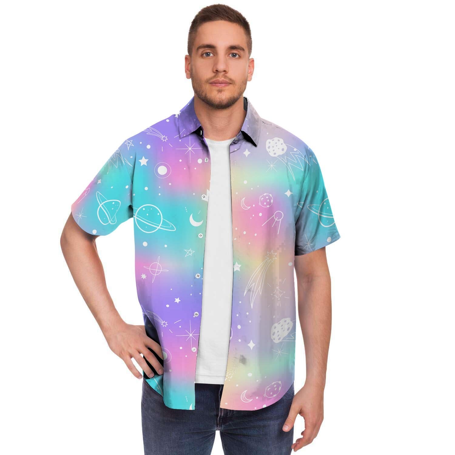 Print Holographic Men Print Short Sleeve Button-Up Shirts