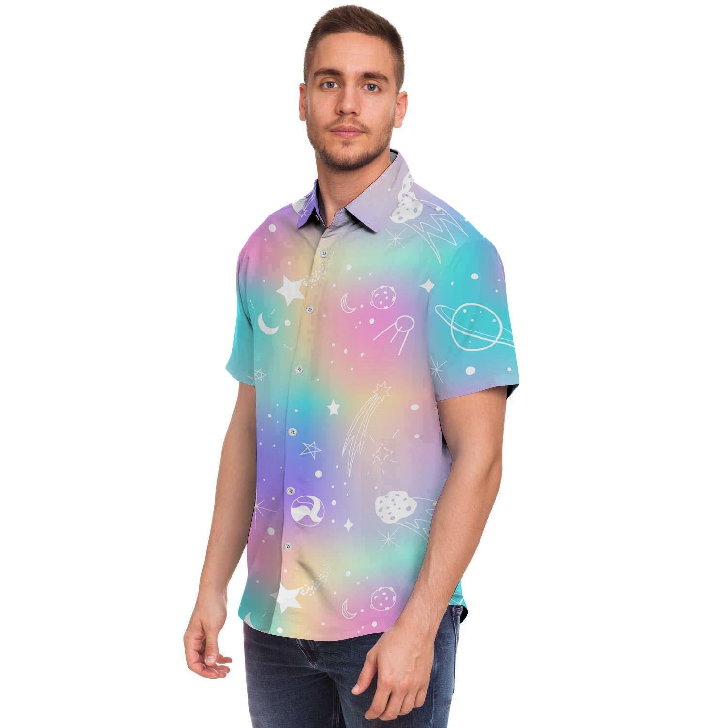 Print Holographic Men Print Short Sleeve Button-Up Shirts