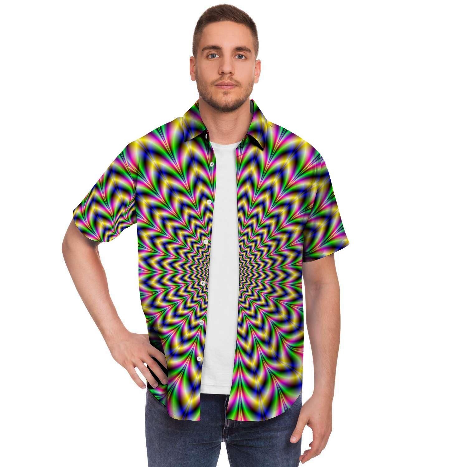 Psychedelic Blue Optical Illusion Men Print Short Sleeve Button-Up Shirts