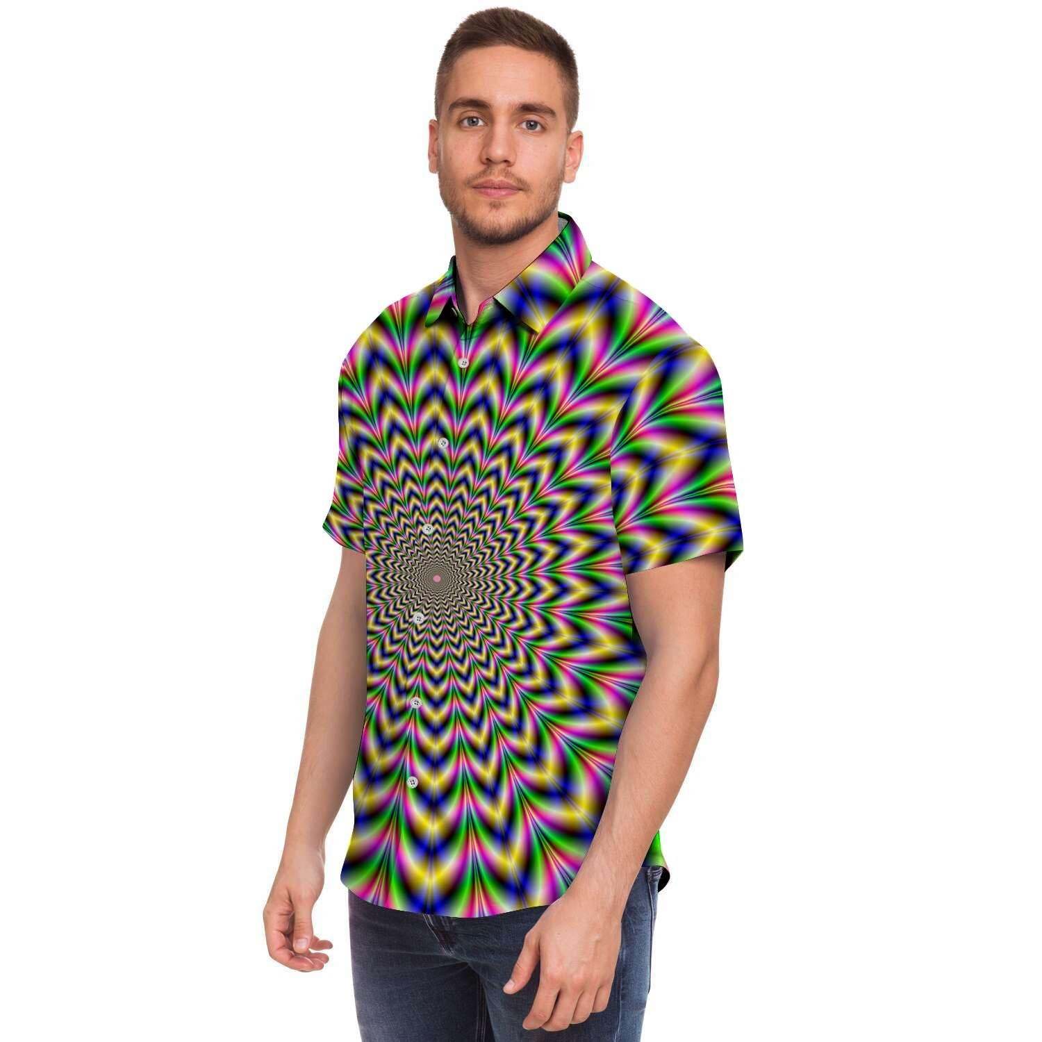 Psychedelic Blue Optical Illusion Men Print Short Sleeve Button-Up Shirts