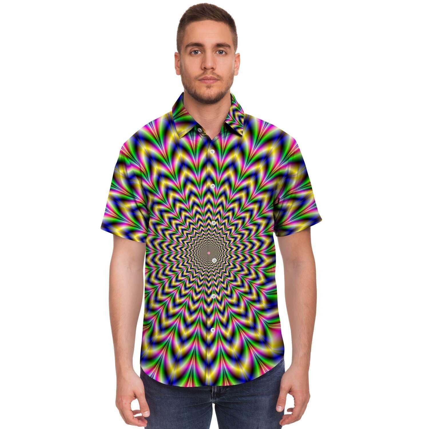 Psychedelic Blue Optical Illusion Men Print Short Sleeve Button-Up Shirts