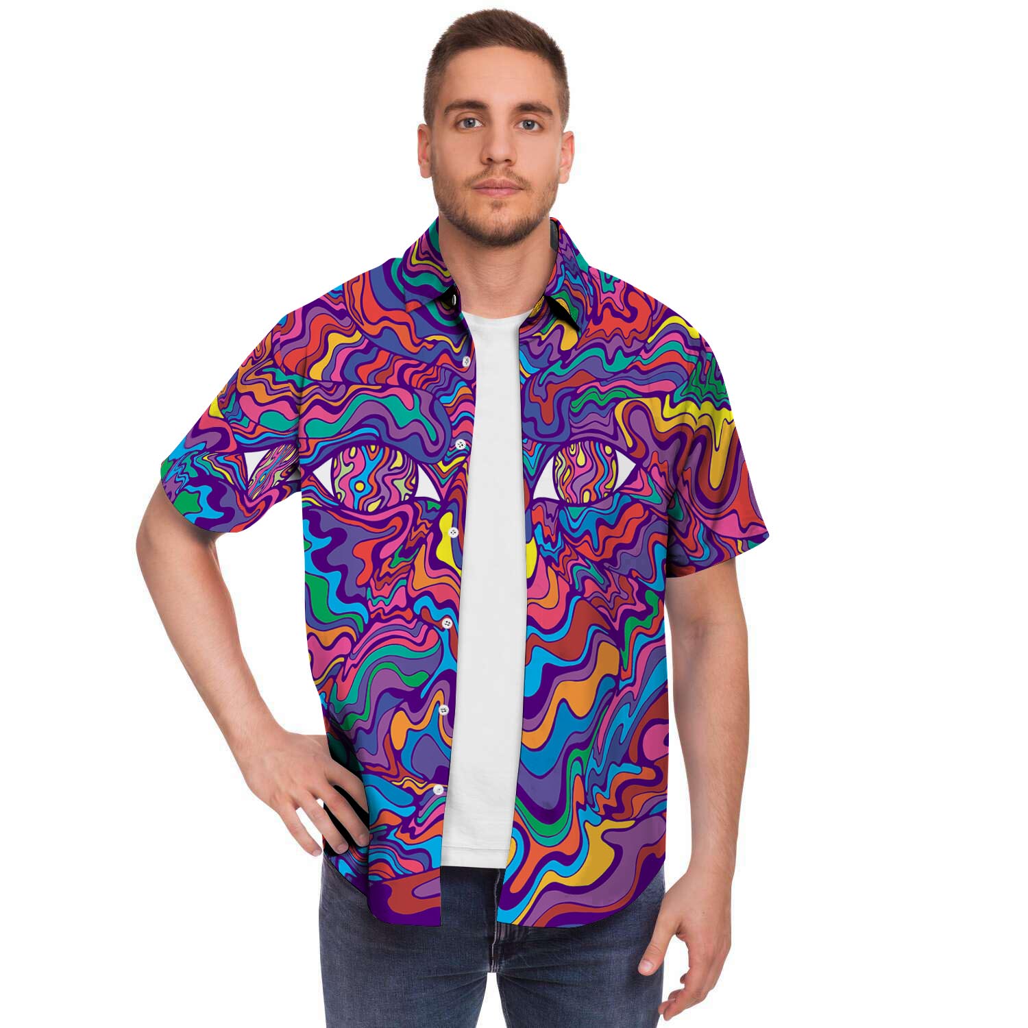 Psychedelic Face Men Print Short Sleeve Button-Up Shirts