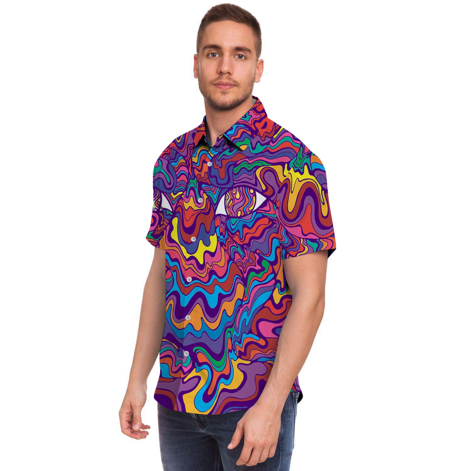 Psychedelic Face Men Print Short Sleeve Button-Up Shirts