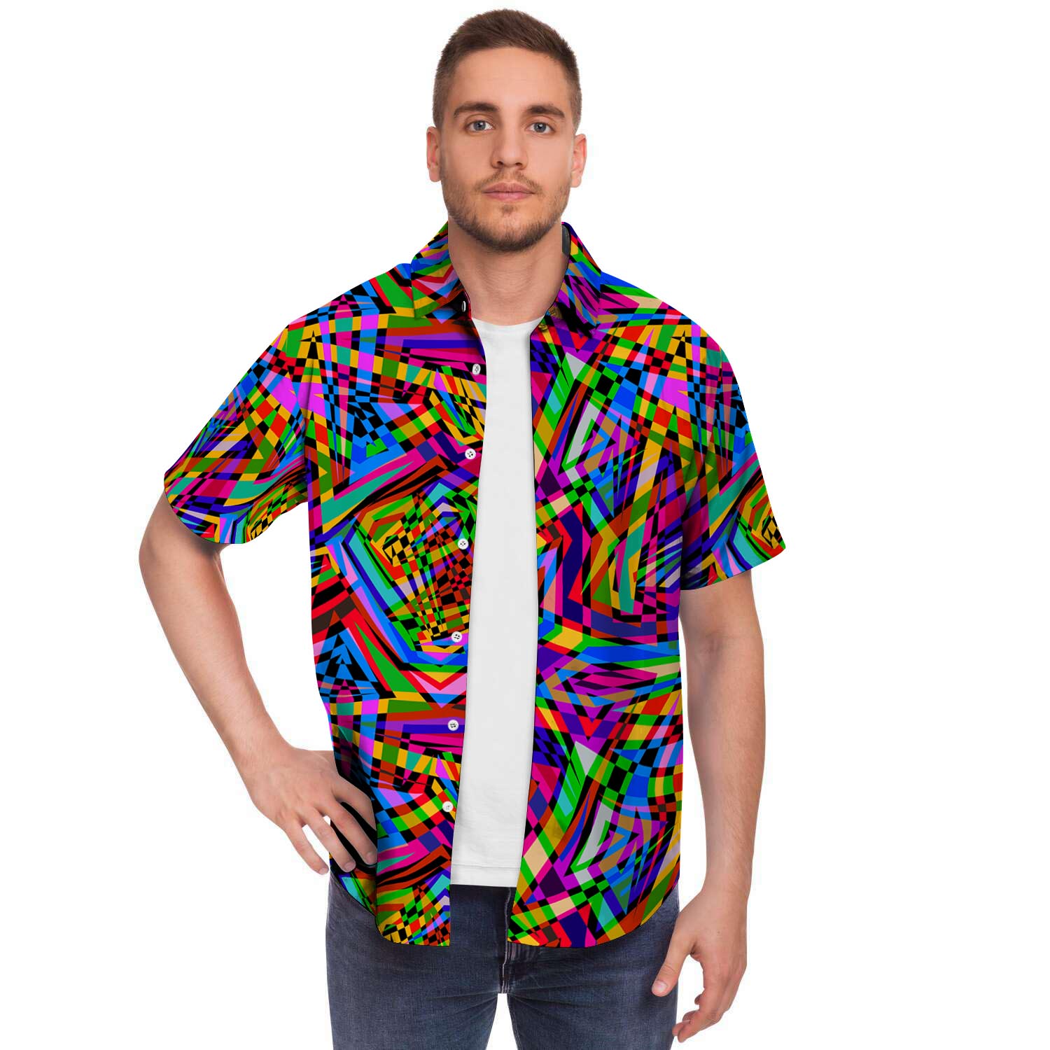 Psychedelic Geometric Multicolor Men Print Short Sleeve Button-Up Shirts