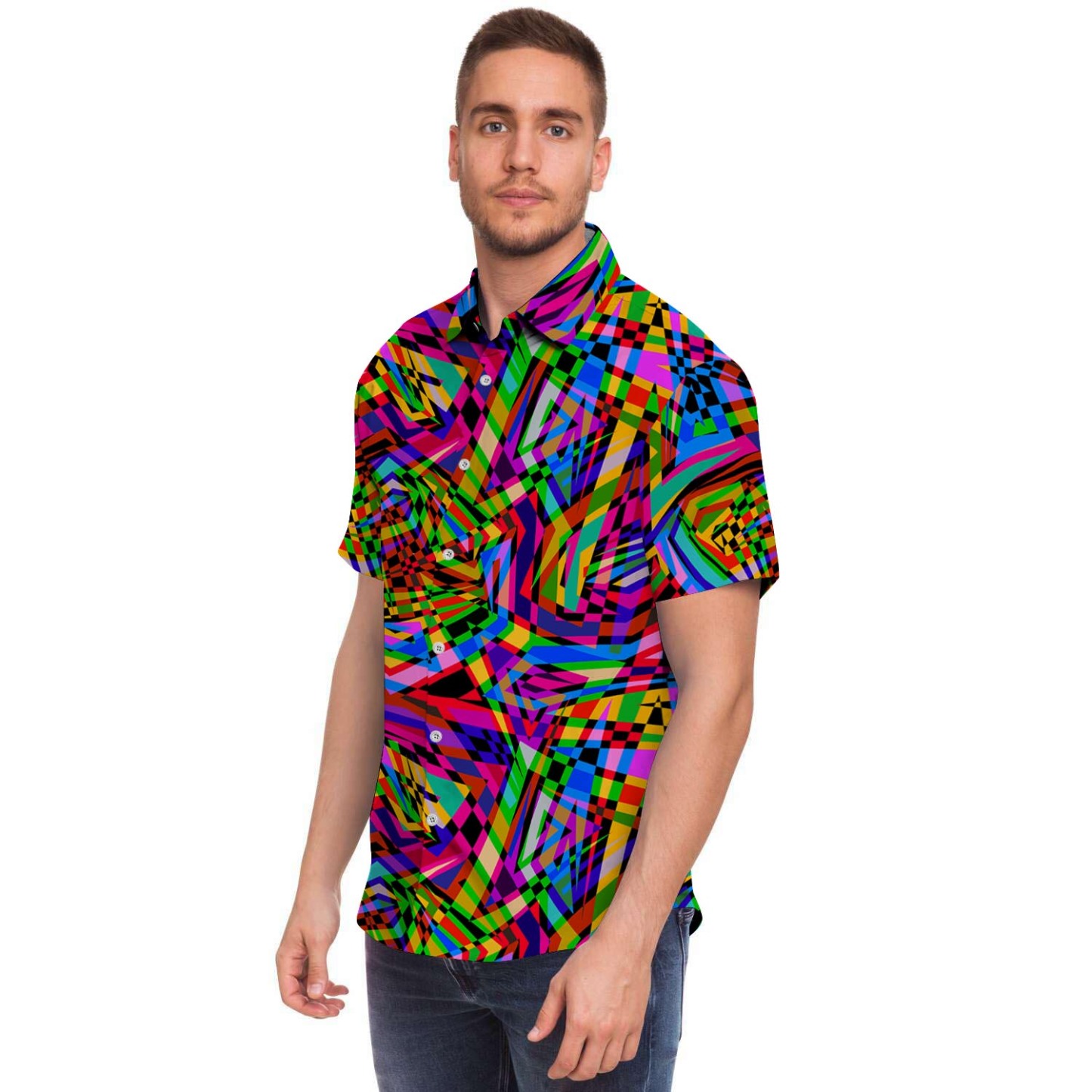 Psychedelic Geometric Multicolor Men Print Short Sleeve Button-Up Shirts