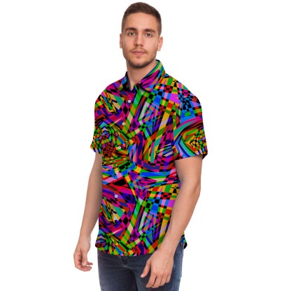 Psychedelic Geometric Multicolor Men Print Short Sleeve Button-Up Shirts