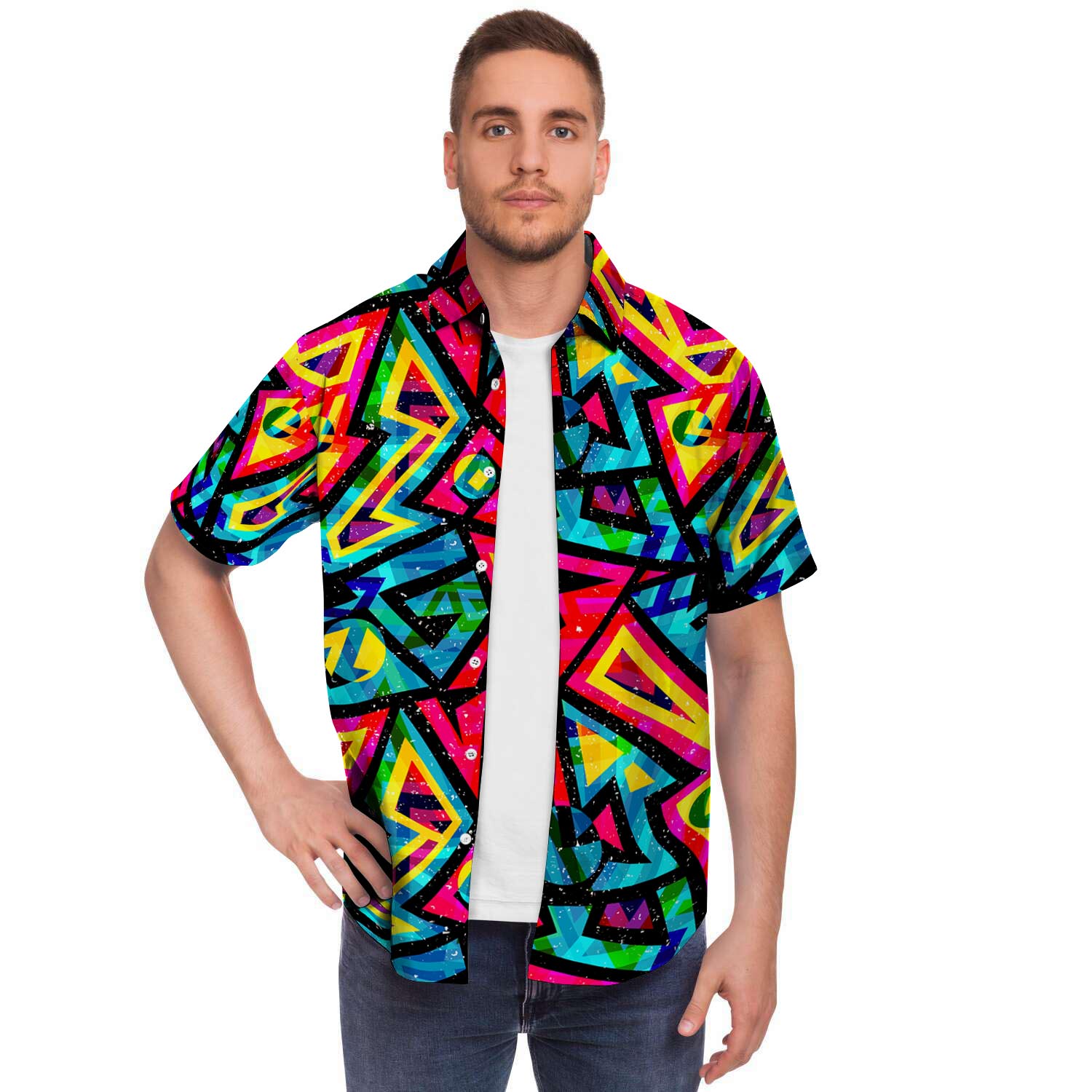 Psychedelic Geometric Print Men Print Short Sleeve Button-Up Shirts