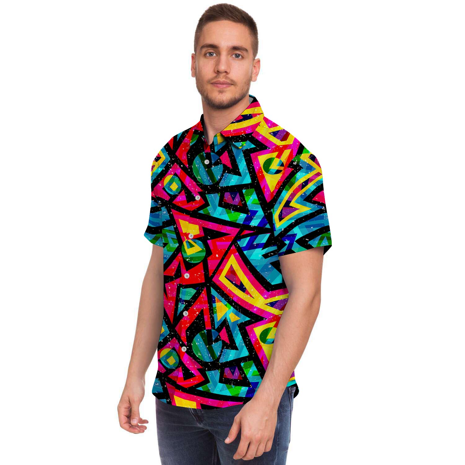 Psychedelic Geometric Print Men Print Short Sleeve Button-Up Shirts