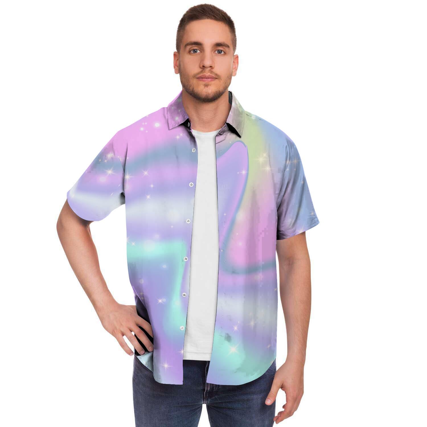 Psychedelic Holographic Men Print Short Sleeve Button-Up Shirts