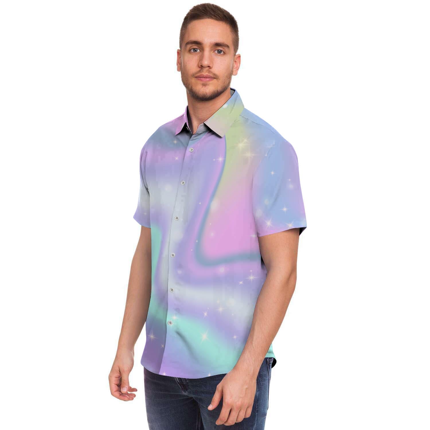 Psychedelic Holographic Men Print Short Sleeve Button-Up Shirts