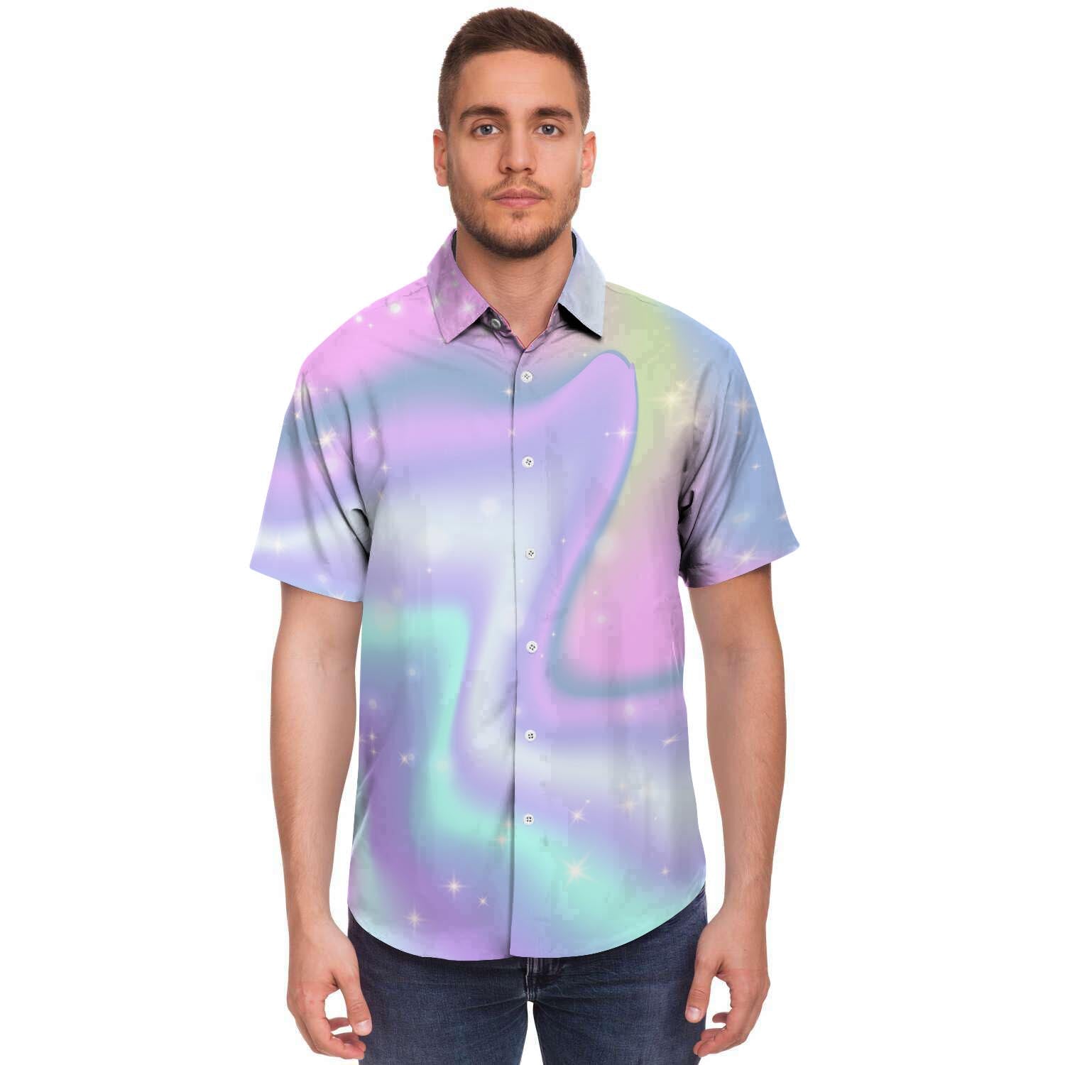 Psychedelic Holographic Men Print Short Sleeve Button-Up Shirts