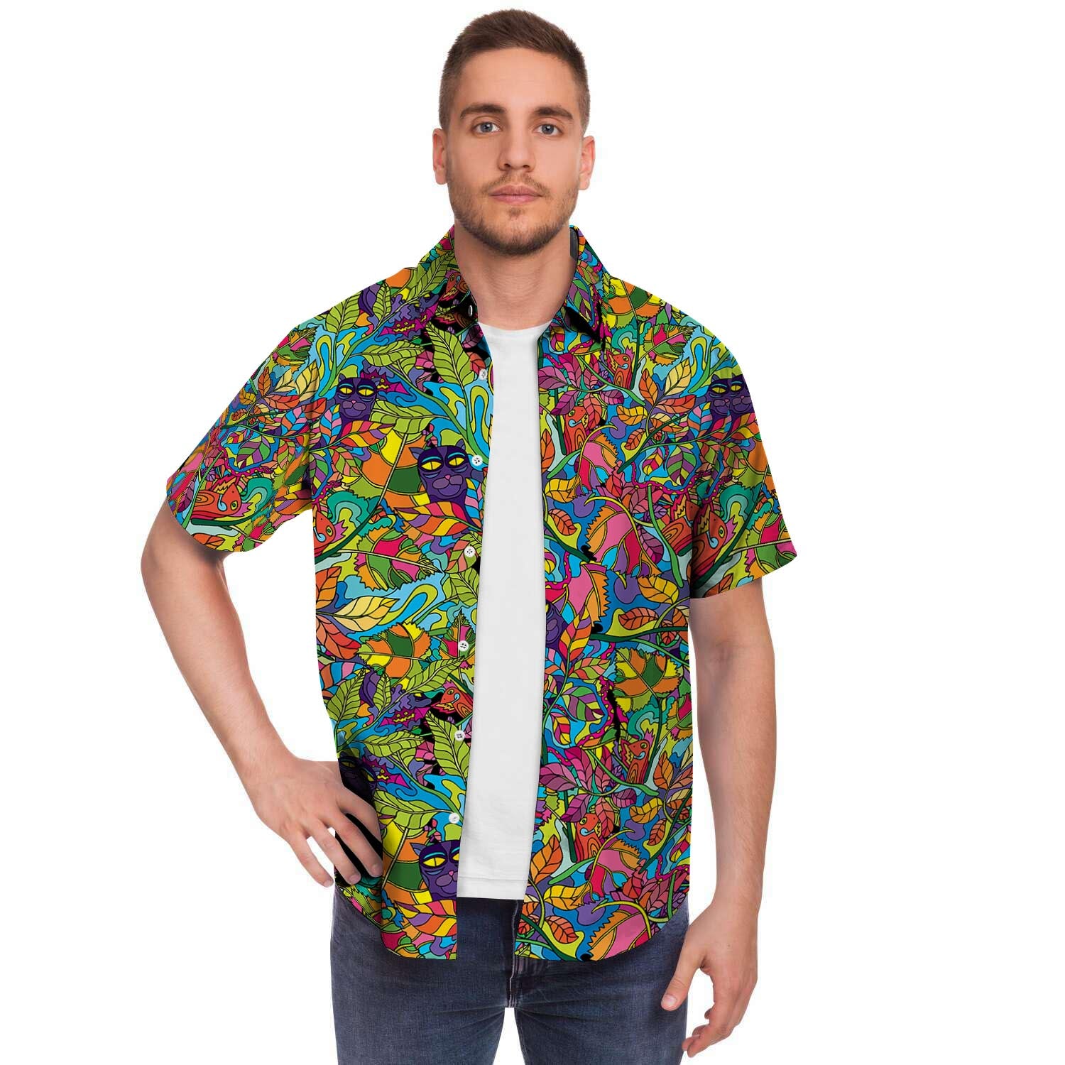 Psychedelic Jungle Forest Floral Men Print Short Sleeve Button-Up Shirts