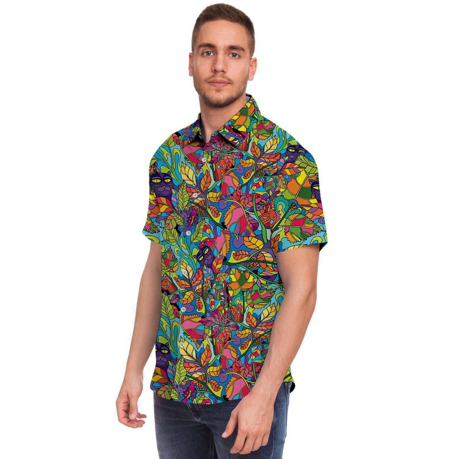 Psychedelic Jungle Forest Floral Men Print Short Sleeve Button-Up Shirts