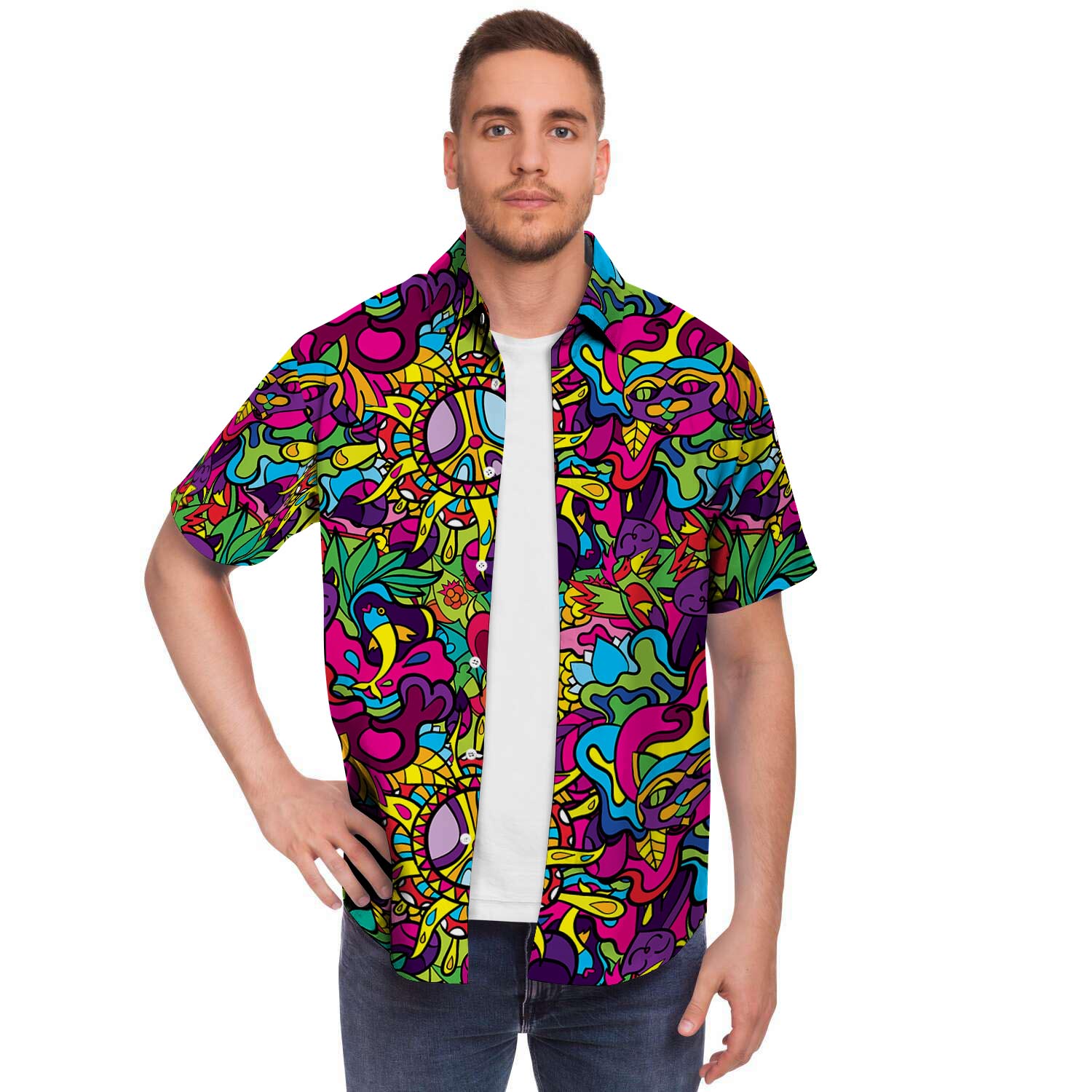 Psychedelic Men Print Short Sleeve Button-Up Shirts