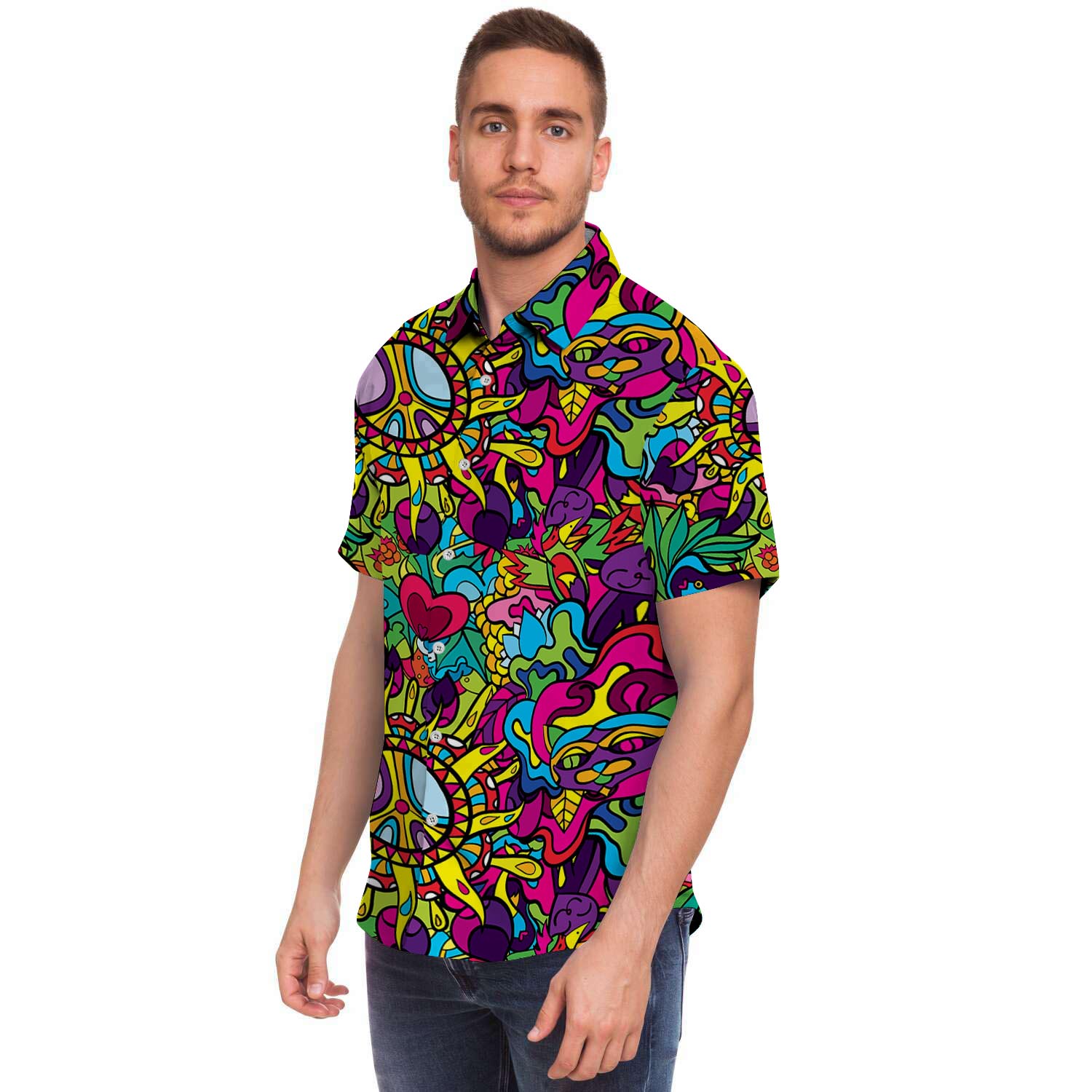 Psychedelic Men Print Short Sleeve Button-Up Shirts