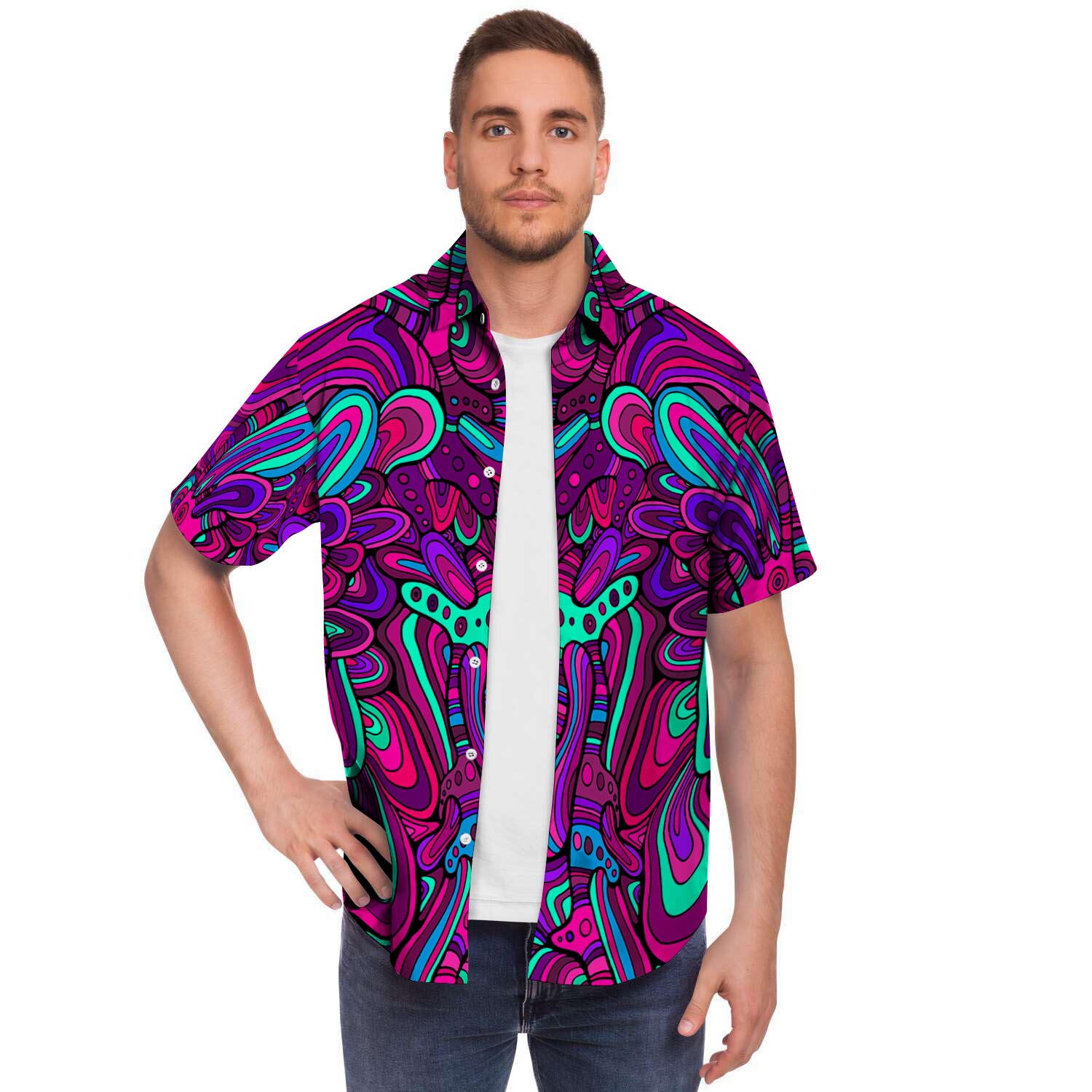 Psychedelic Trippy Doodle Men Print Short Sleeve Button-Up Shirts