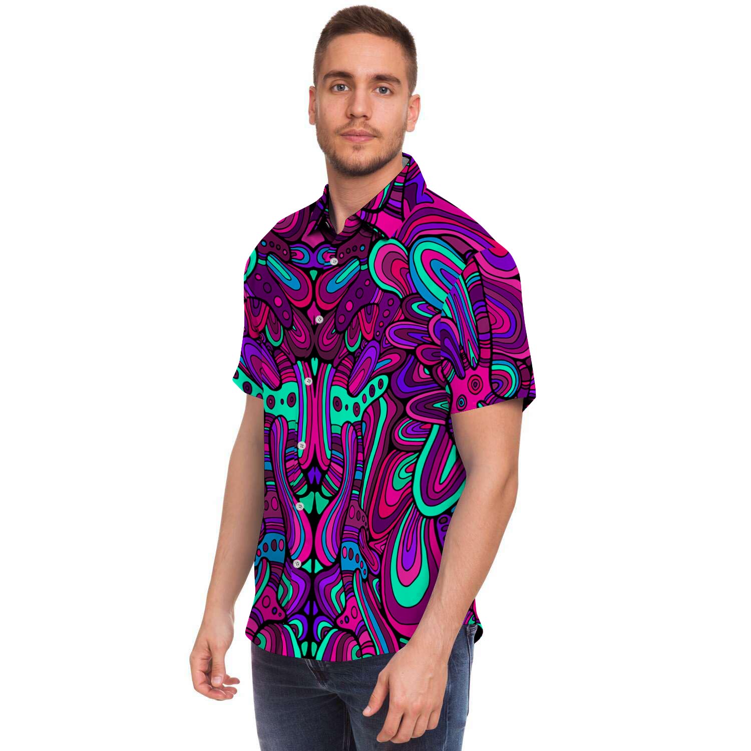 Psychedelic Trippy Doodle Men Print Short Sleeve Button-Up Shirts