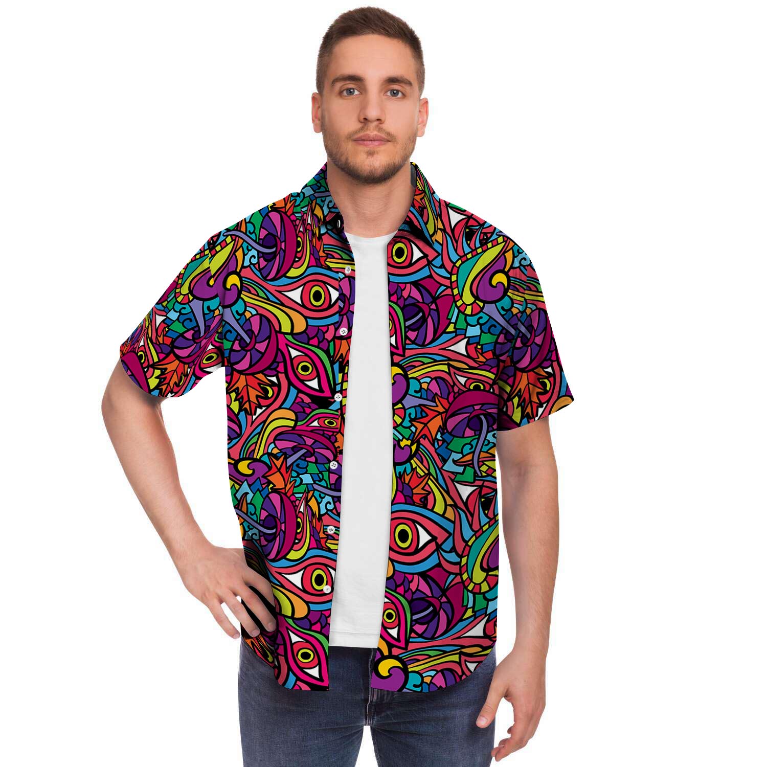 Psychedelic Trippy Eye Men Print Short Sleeve Button-Up Shirts
